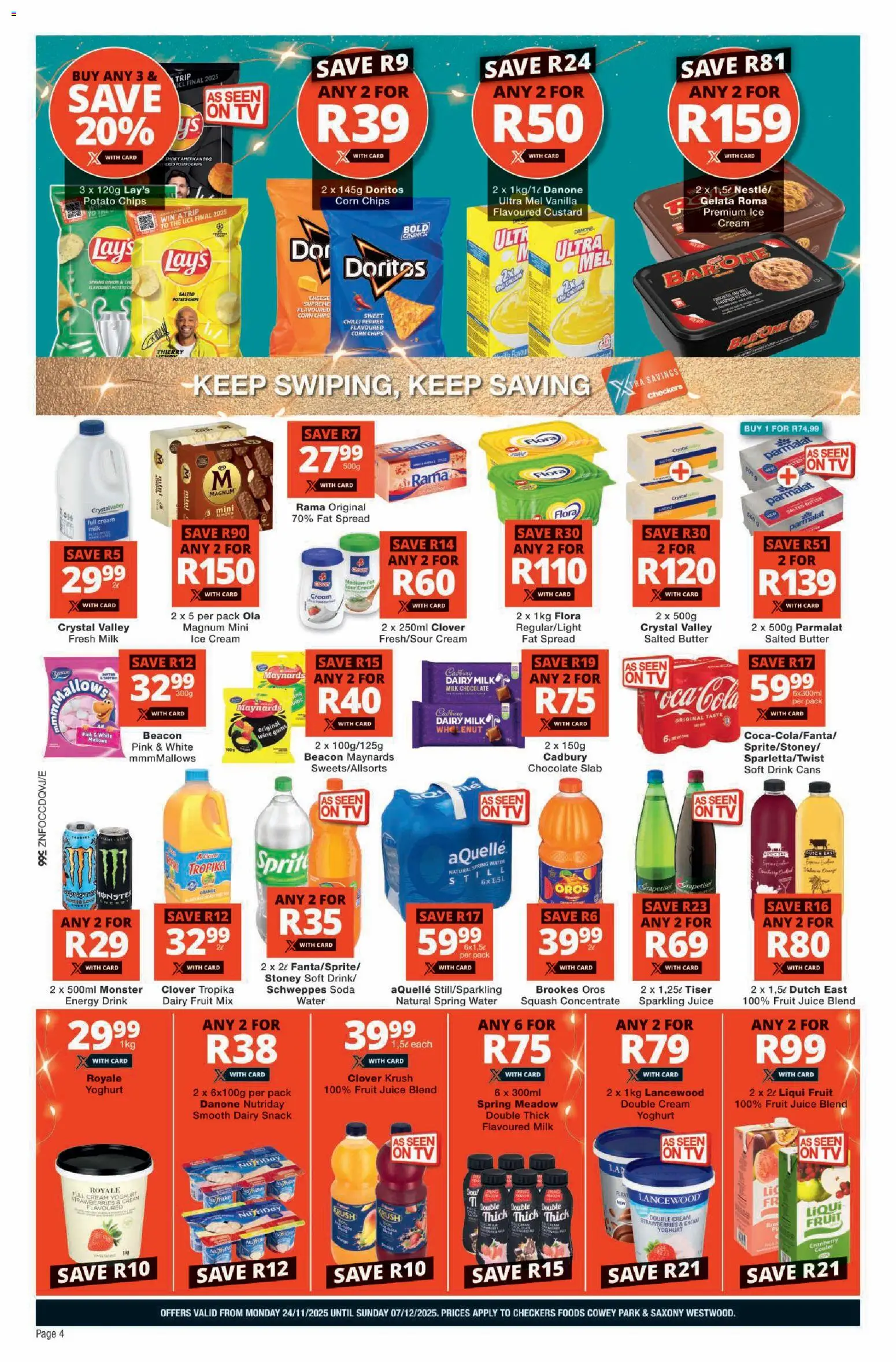 New Checkers catalogue – valid from 24.11.2025 | Page: 4 | Products: Yoghurt, Cooler, Chocolate, Chilli