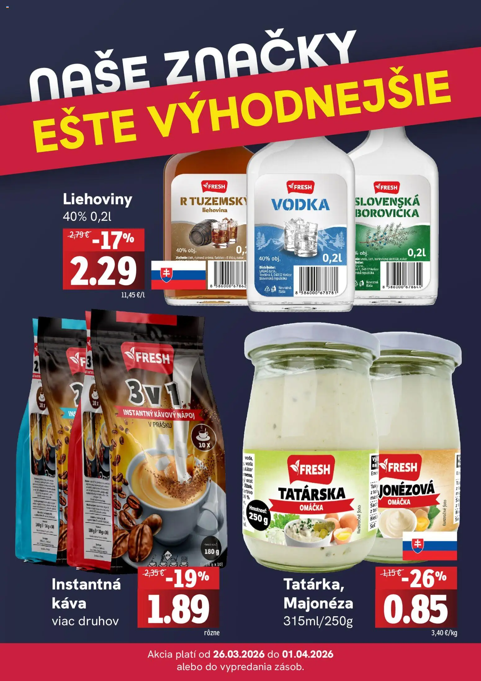 Nové Fresh akcie – leták je platný od 26.03.2026 | Strana: 4 | Produkty: Káva, Borovička, Vodka, Ocot