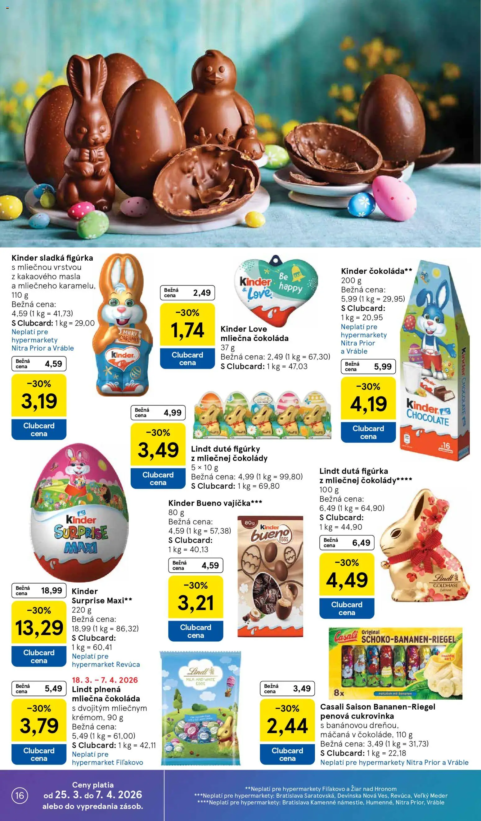 Nové Tesco akcie – leták je platný od 25.03.2026 | Strana: 16 | Produkty: Lindt, Kinder Bueno, Kinder Surprise, Čokoláda