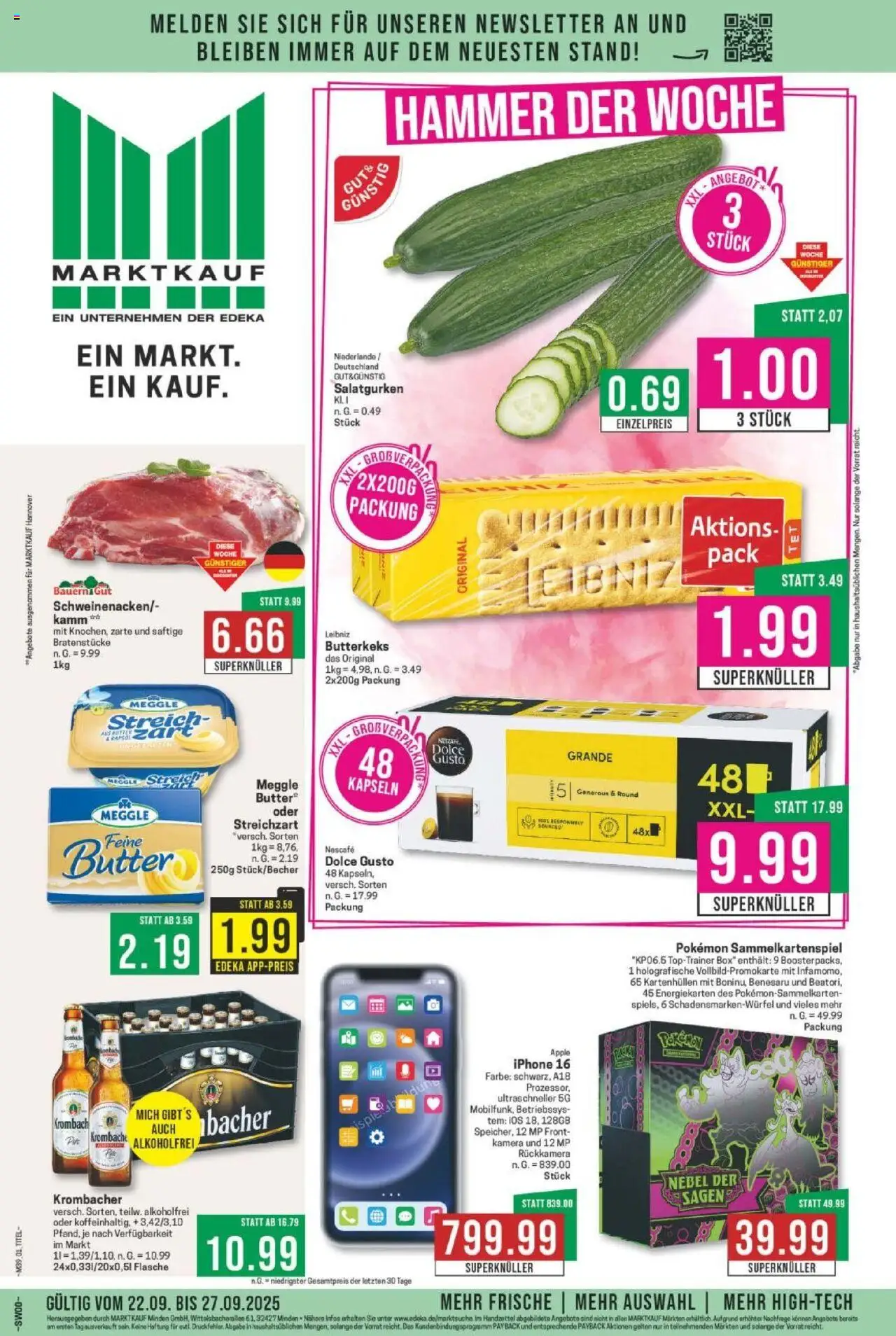 Marktkauf Prospekt 	 – gültig ab 22.09.2025 | Seite: 1 | Produkte: Kamera, Butter, Iphone, Apple