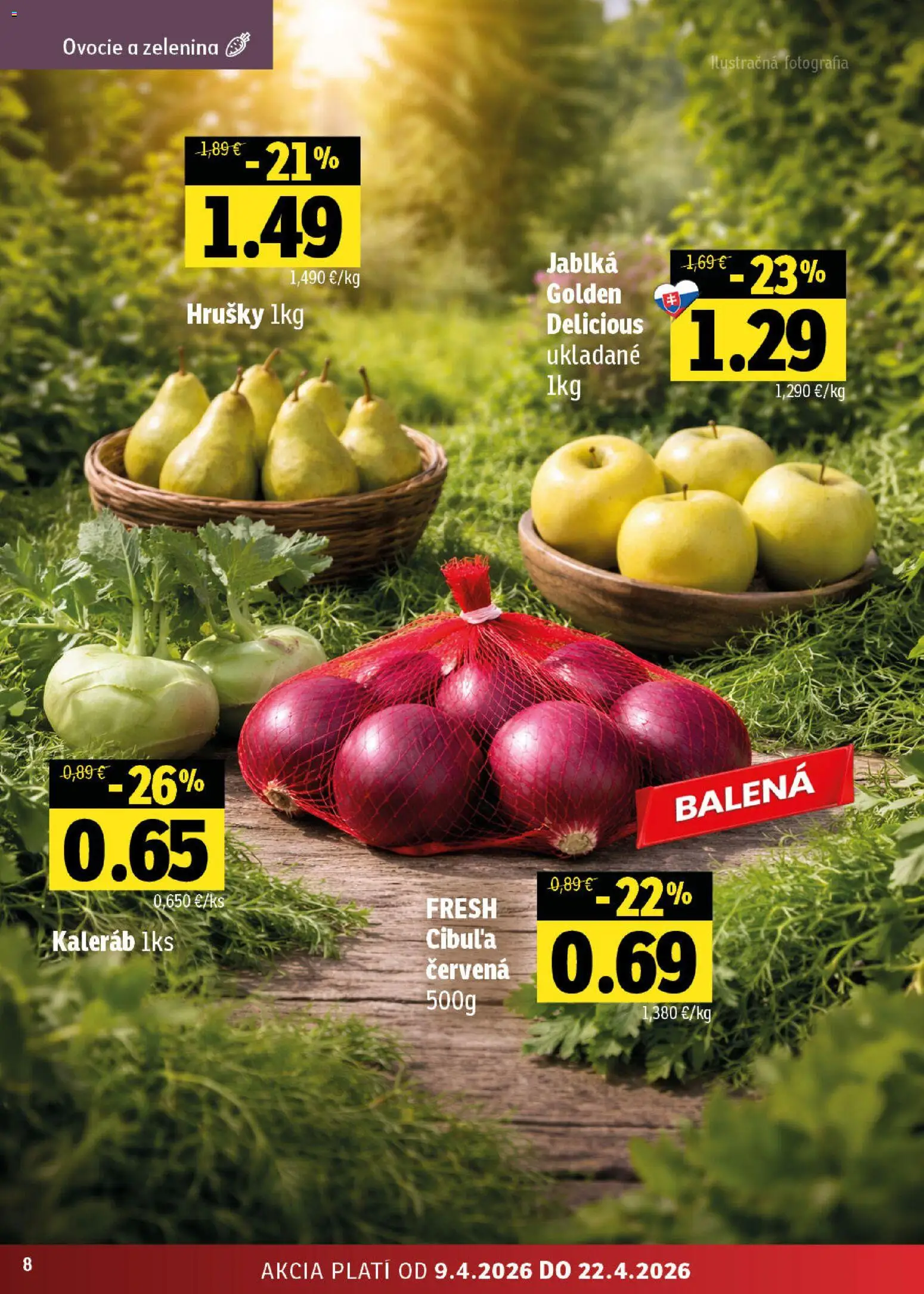 Nové Fresh akcie – leták je platný od 09.04.2026 | Strana: 8 | Produkty: Jablká, Hrušky, Ovocie