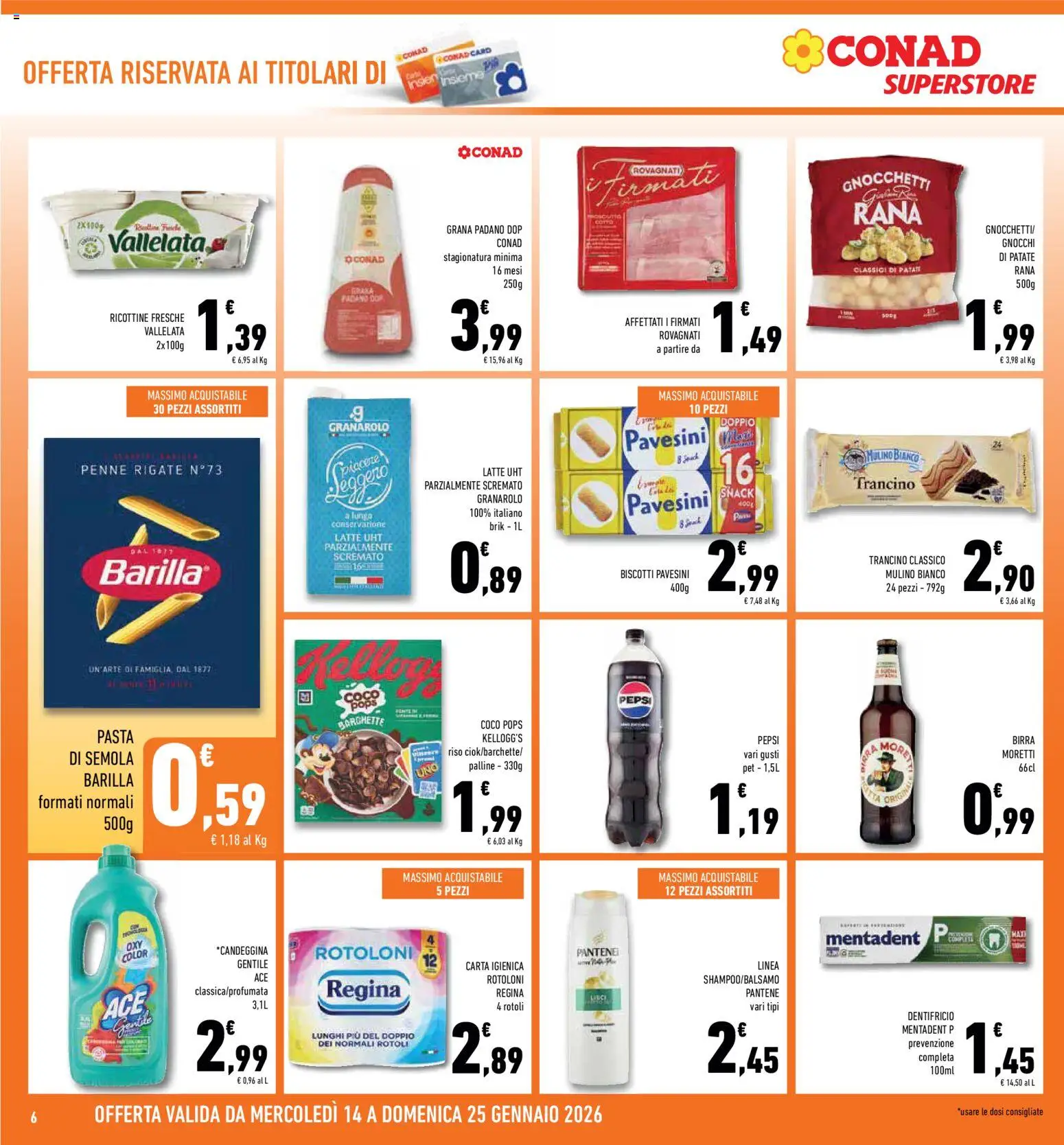 Volantino Conad del 14.01.2026 | Pagina: 6 | Prodotti: Carta igienica, Grana Padano, Penne, Pepsi