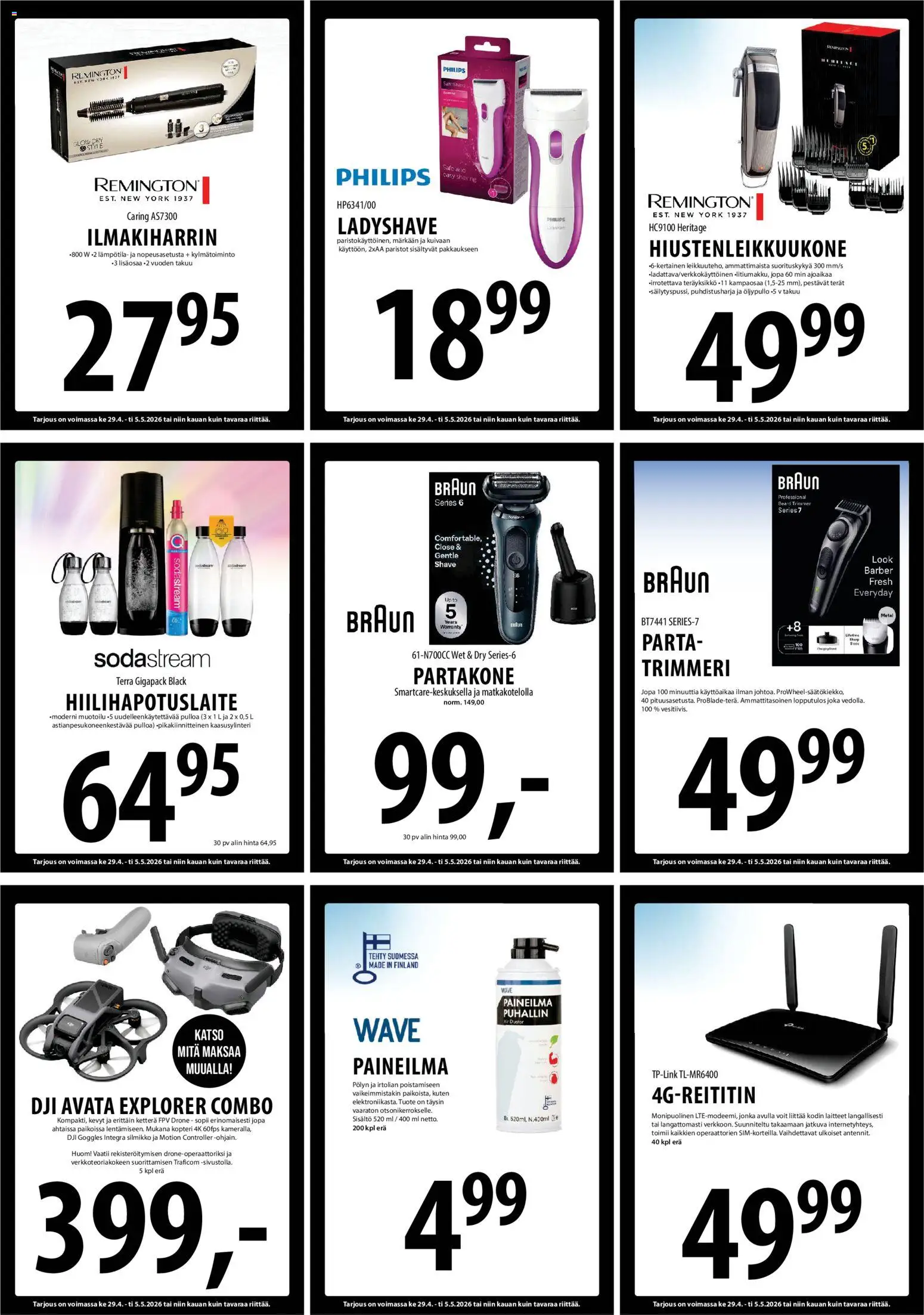 Tuuri tarjoukset – voimassa 29.04.2026 alkaen | Sivu: 18 | Tuotteet: Ilmakiharrin, Partakone, Hiilihapotuslaite, Trimmeri