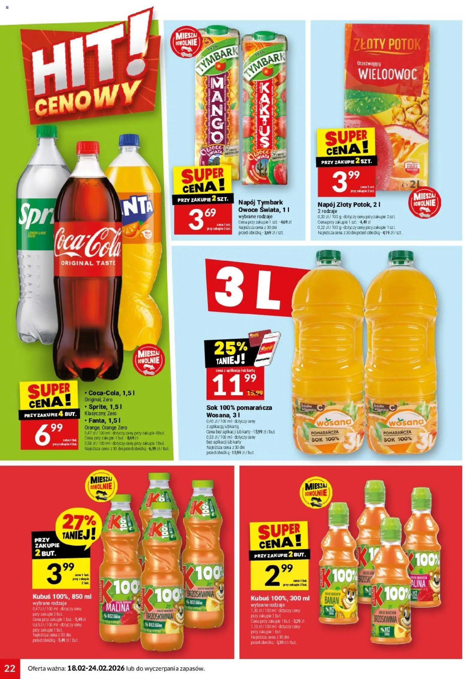 Twój Market Gazetka od 18.02.2026 | Strona: 22 | Produkty: Brzoskwinia, Sok, Banan, Owoce
