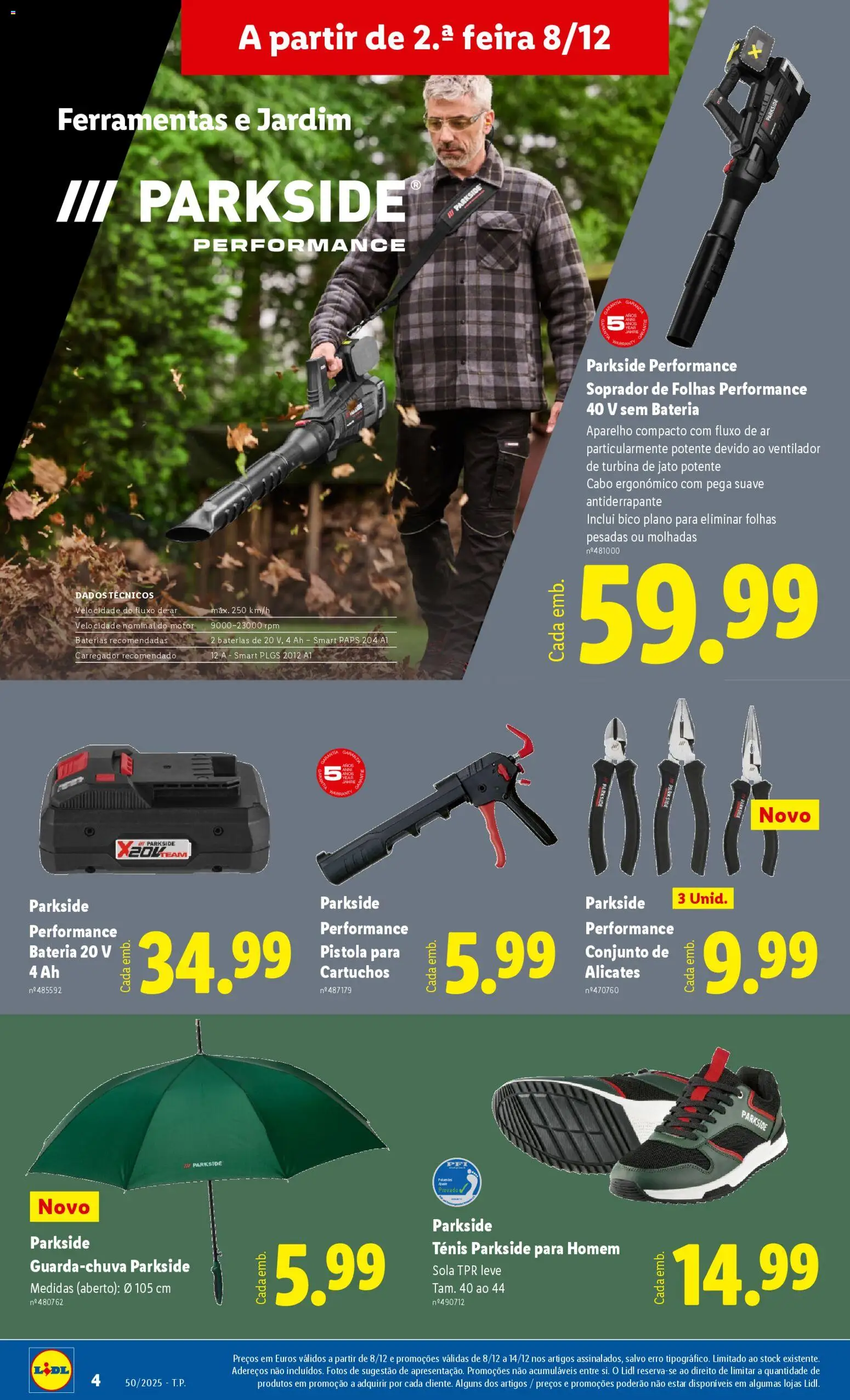 Lidl Novidades │ válido de 08.12.2025 | Página: 4 | Produtos: Guarda-chuva, Cabo, Soprador de folhas, Bateria