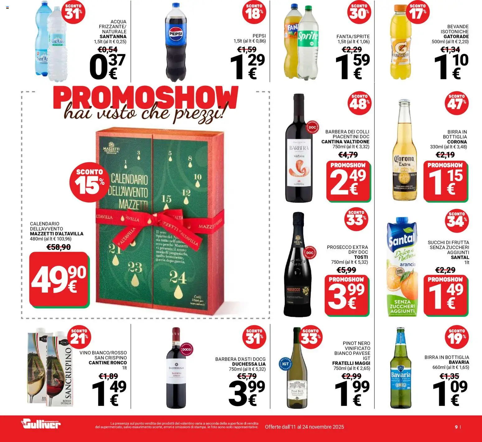 Volantino Gulliver del 11.11.2025 | Pagina: 9 | Prodotti: Prosecco, Acqua, Frutta, Pepsi