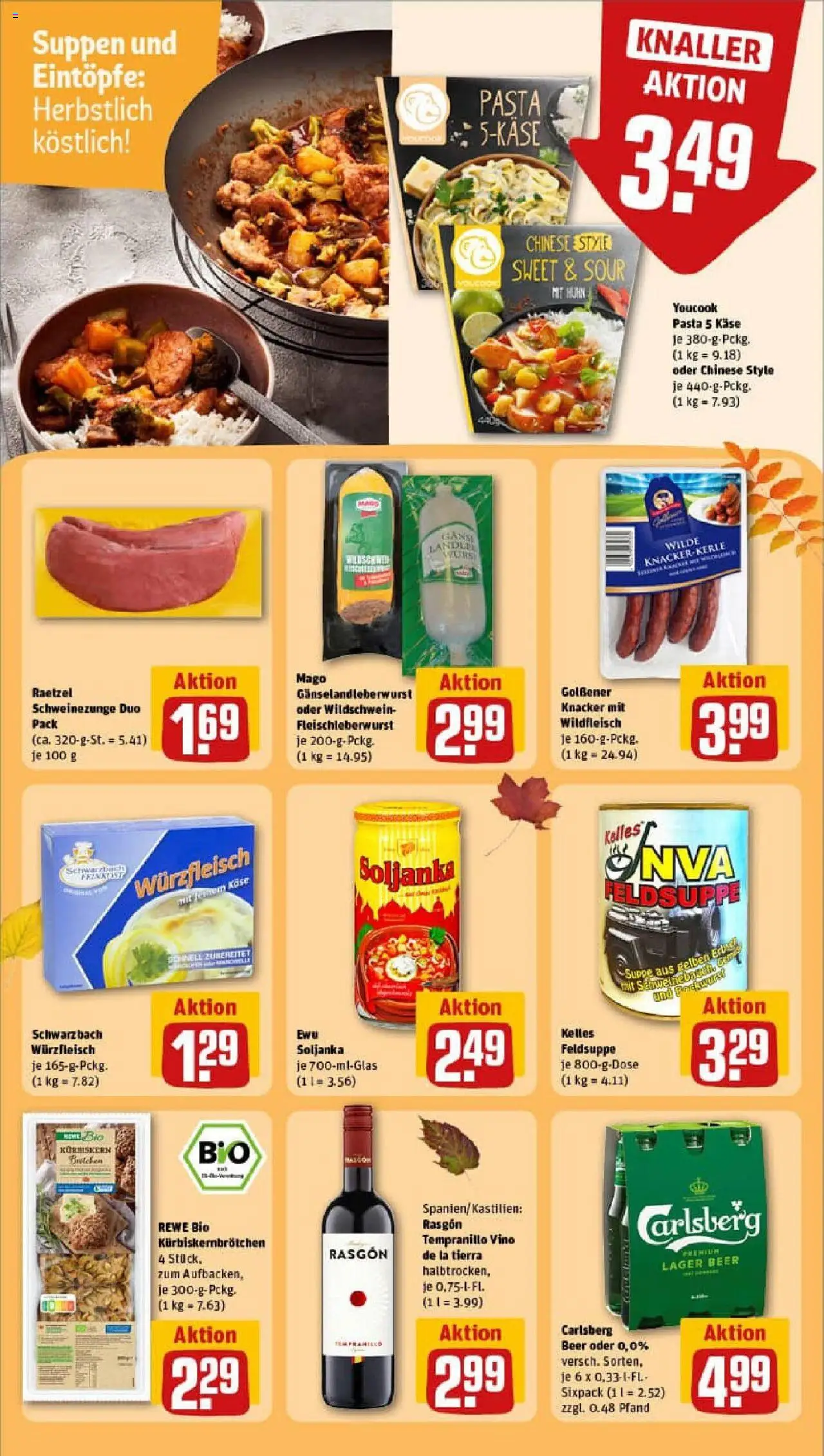 Rewe prospekt Berlin / Friedrichshain	 – gültig ab 13.10.2025 | Seite: 14 | Produkte: Carlsberg, Käse, Pasta, Erbsen