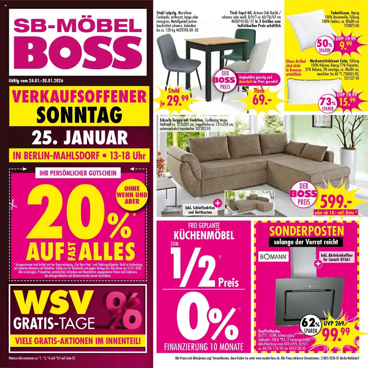 SB Möbel Boss Prospekt Berlin-Mahlsdorf – gültig ab 24.01.2026 | Seite: 1 | Produkte: Ecksofa, Tisch, Stuhl, Uhr