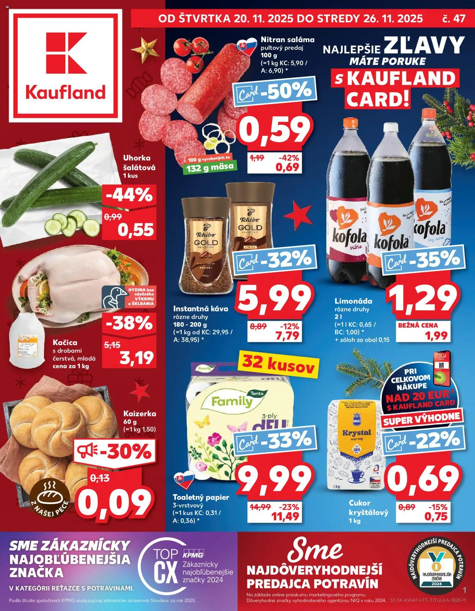 Nové Kaufland akcie – leták je platný od 20.11.2025 | Strana: 1 | Produkty: Káva, Saláma, Toaletný papier, Kačica