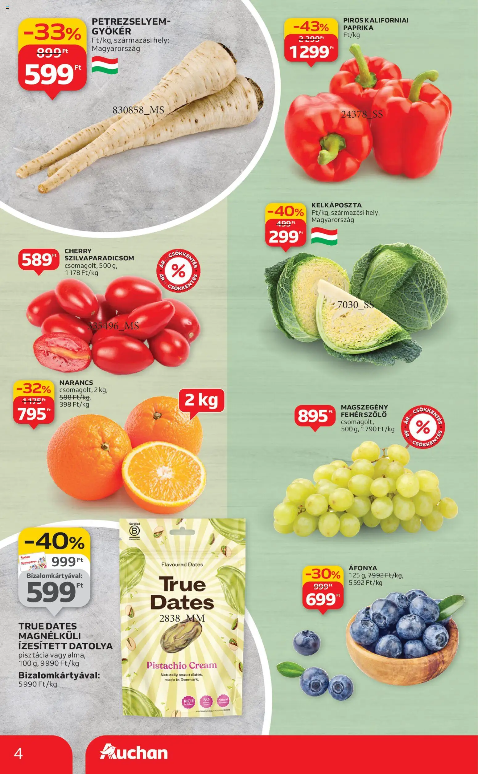 Auchan akciós ujság - amely érvényes a következő dátumtól: 08.01.2026 | Oldal: 4 | Termékek: Datolya, Áfonya, Petrezselyem, Kelkáposzta