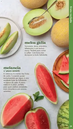 Pré-visualização melancia c/ pouca semente, A melancia é a rainha das frutas de verão. Composta quase exclusivamente por água, é uma excelente fonte de hidratação na época do calor. A nossa melancia é única, perfeita para quem prefere variedades mais crocantes e com poucas sementes. válido de 20.05.2025 | Página: 29 | Produtos: Açúcar, Melancia