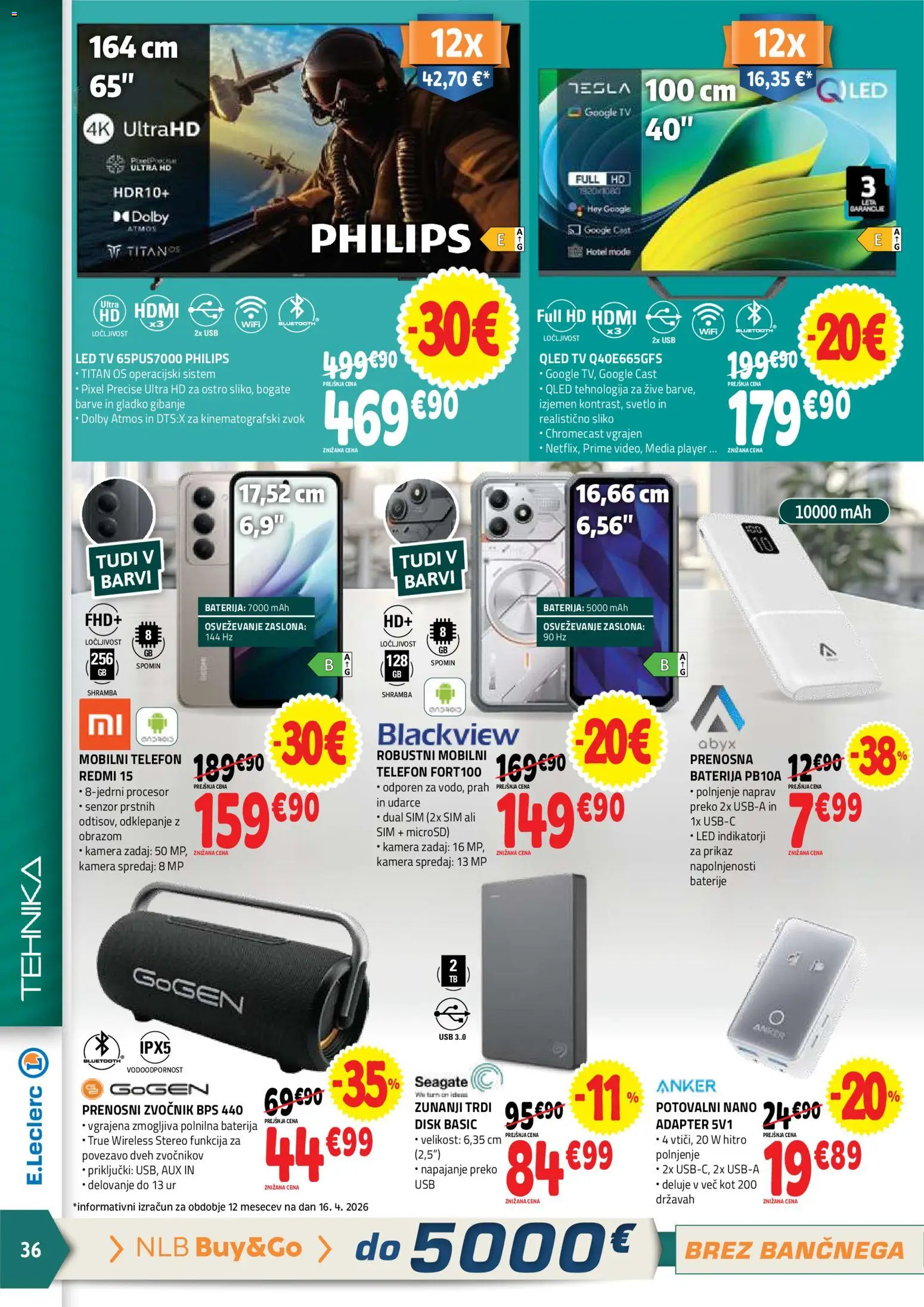 Novi E.leclerc katalog ponudbe – veljaven od 29.04.2026 | Stran: 36 | Izdelki: Telefon, Adapter, Zvocnik, Usb