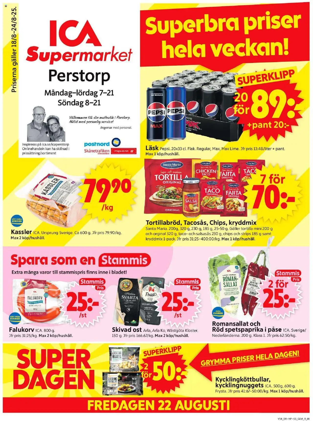 ICA Supermarket reklamblad aktuell från 18.08.2025 | Sida: 1 | Produkter: Tortilla, Salsa, Pepsi, Ost