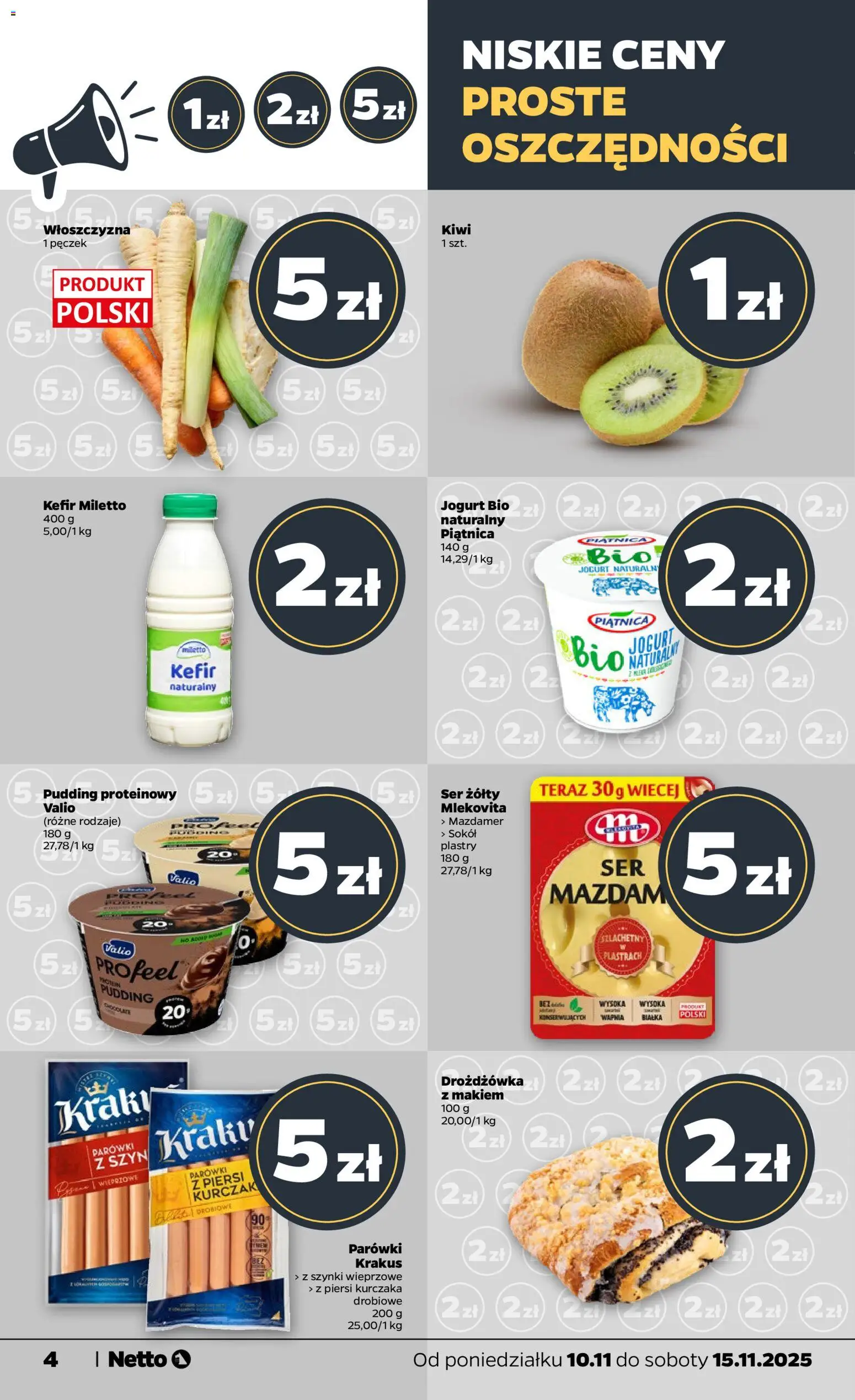 Netto gazetka - Spożywcza od 10.11.2025 | Strona: 4 | Produkty: Ser żółty, Piersi, Jogurt naturalny, Kiwi