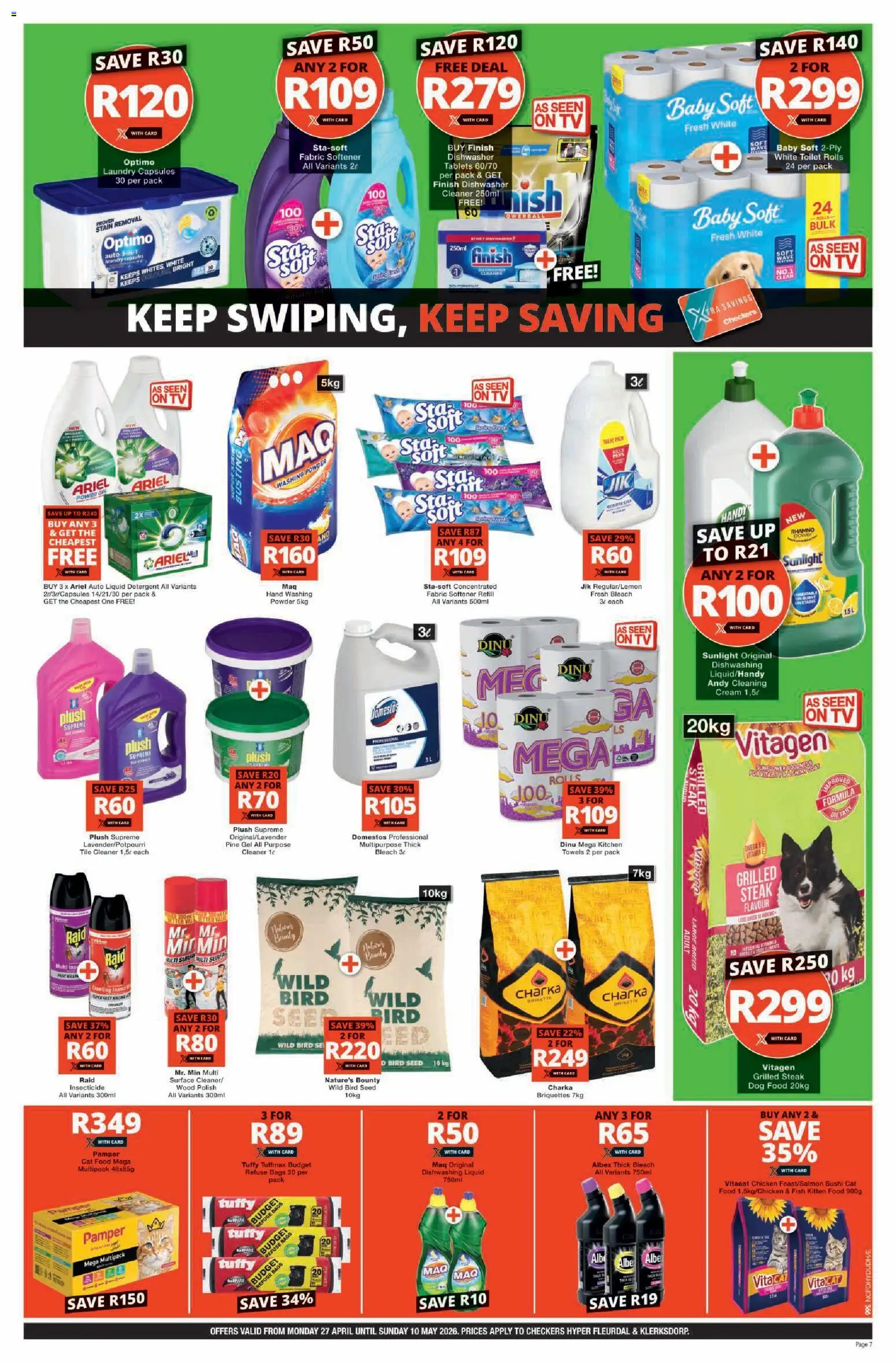 New Checkers catalogue – valid from 27.04.2026 | Page: 7 | Products: TV, Bleach, Fabric softener, Detergent