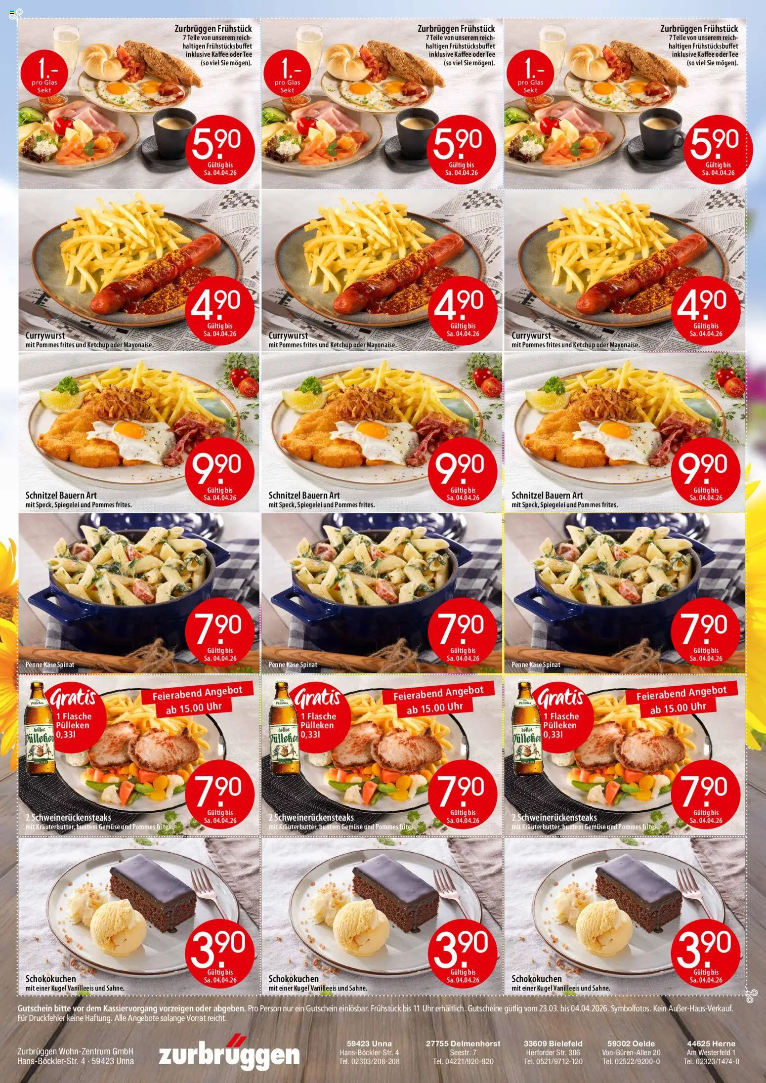 Zurbrüggen Restaurant Coupons – gültig ab 23.03.2026 | Seite: 2 | Produkte: Sekt, Pommes frites, Schnitzel, Gemüse