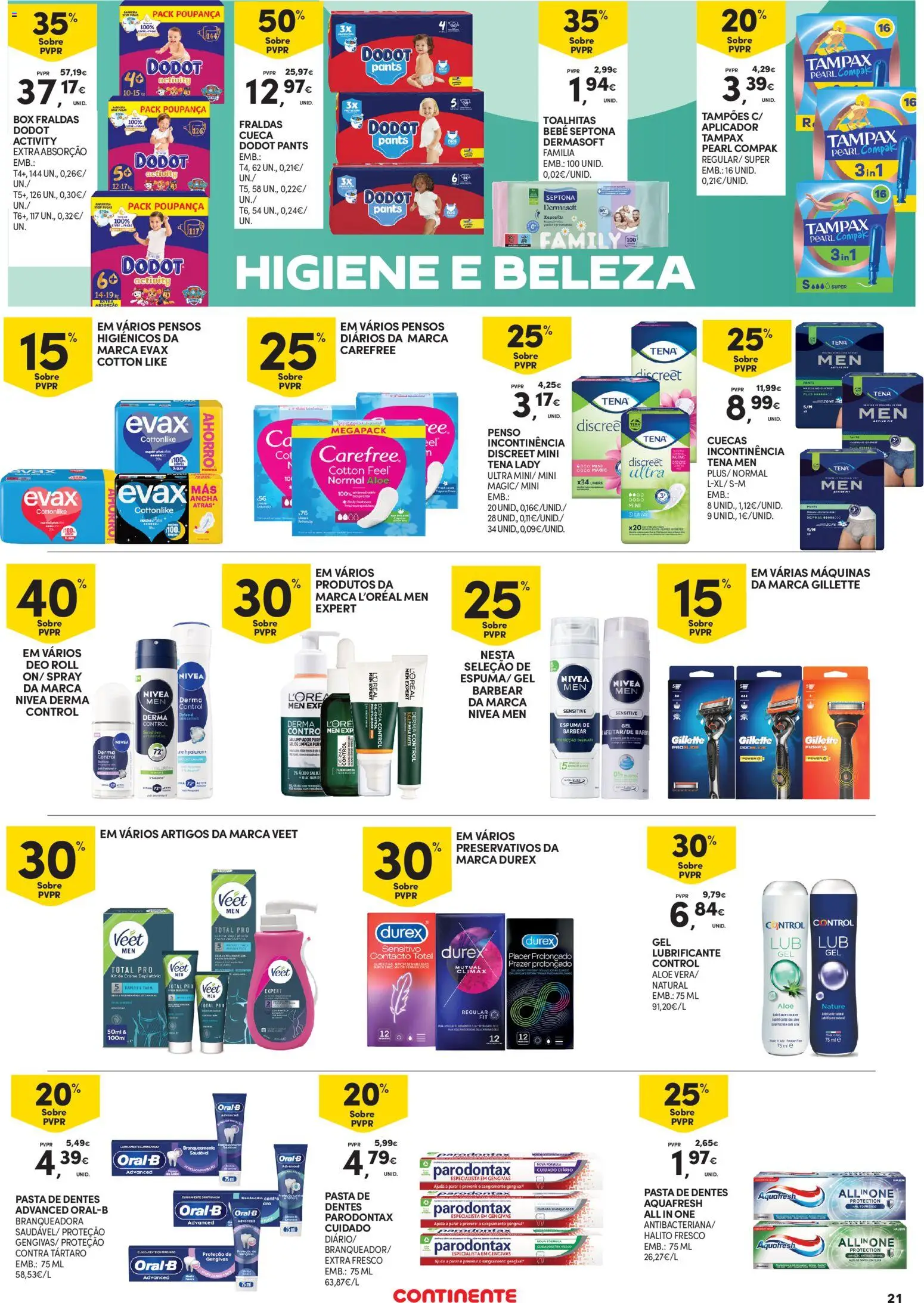 Continente - Açores │ válido de 19.03.2026 | Página: 21 | Produtos: Pensos higiénicos, Fraldas, Espuma de barbear, Creme