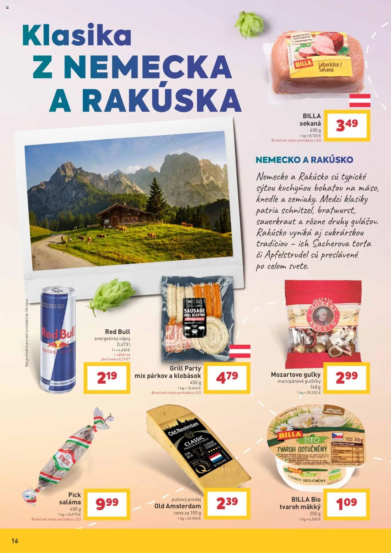 Billa spoznávajte svet a jeho chute │ platný od 30.07.2025 | Strana: 16 | Produkty: Saláma, Torta, Red Bull, Energetický nápoj