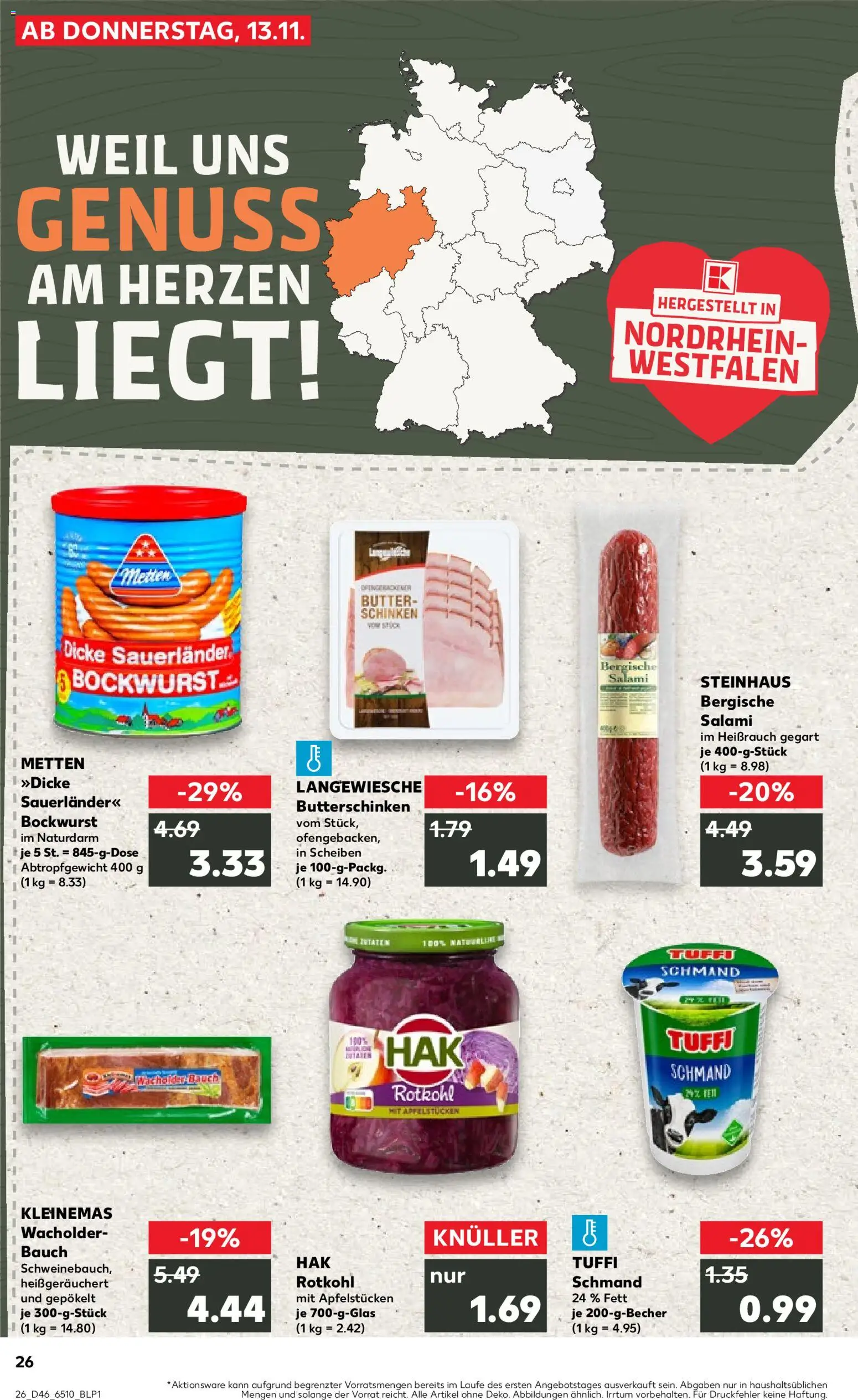 Kaufland prospekt Köln	 – gültig ab 13.11.2025 | Seite: 26 | Produkte: Bockwurst, Butter, Rotkohl, Salami