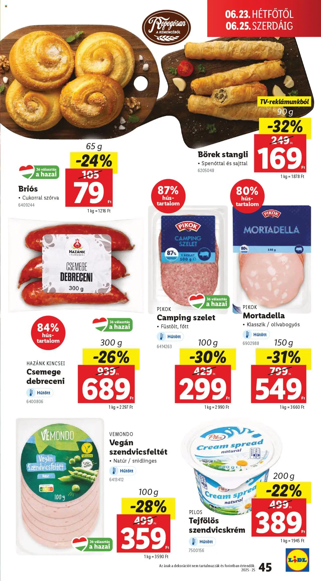 Lidl akciós ujság - amely érvényes a következő dátumtól: 19.06.2025 | Oldal: 45 | Termékek: Hús, Stangli, Vegán, Mortadella