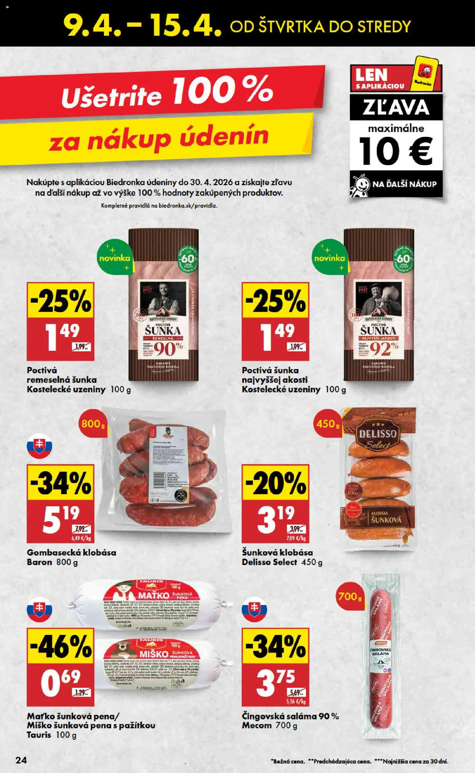 Nové Biedronka akcie – leták je platný od 09.04.2026 | Strana: 24 | Produkty: Saláma, Šunka, Klobása