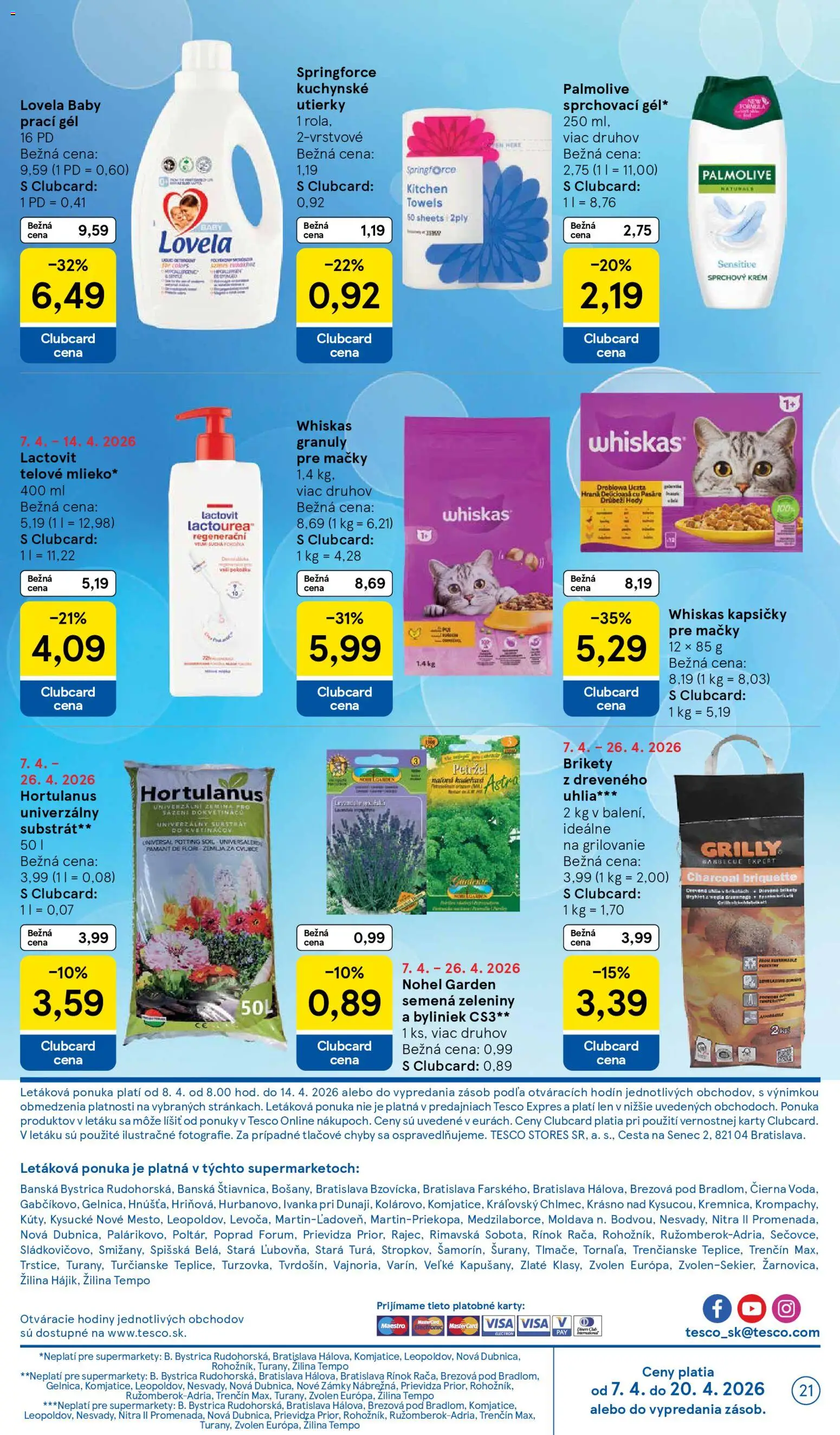 Nové Tesco akcie – leták je platný od 08.04.2026 | Strana: 21 | Produkty: Hodiny, Whiskas, Krém, Brikety