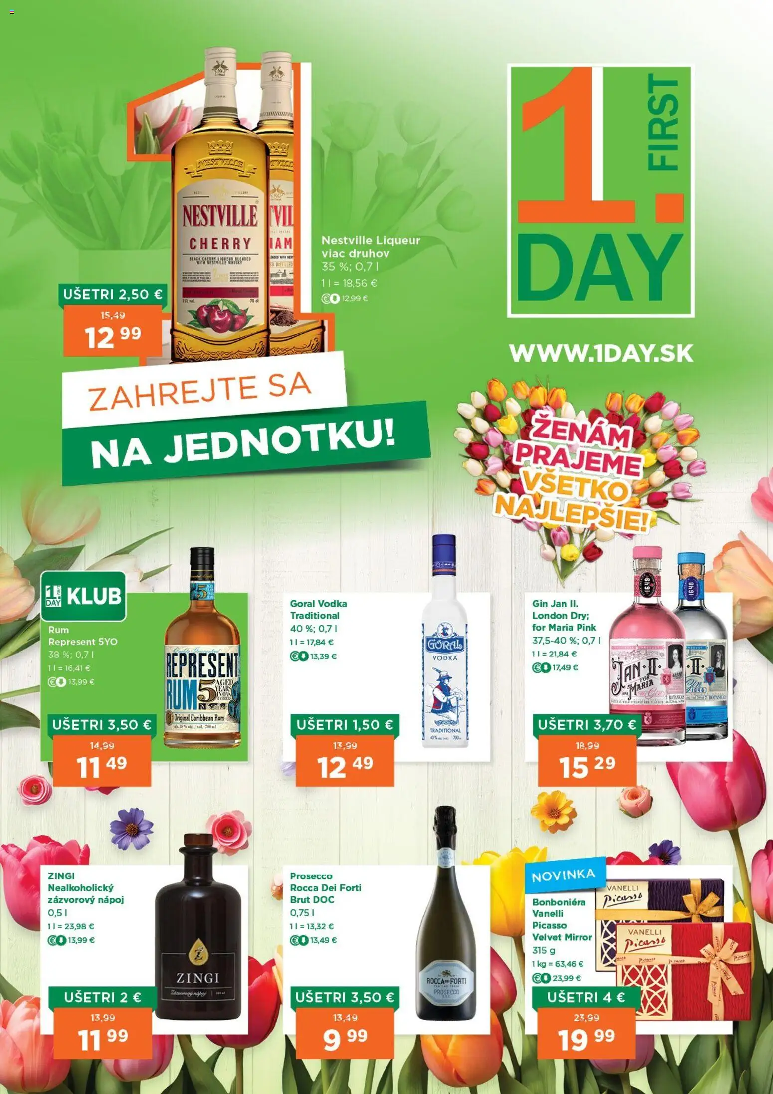 Nové 1day akcie – leták je platný od 26.02.2026 | Strana: 1 | Produkty: Prosecco, Gin, Vodka, Rum