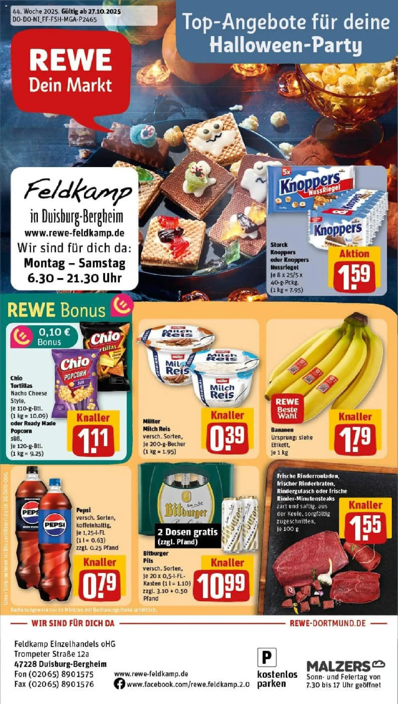 Rewe prospekt Duisburg / Bergheim	 – gültig ab 26.10.2025 | Seite: 1 | Produkte: Bitburger, Rindergulasch, Bananen, Knoppers
