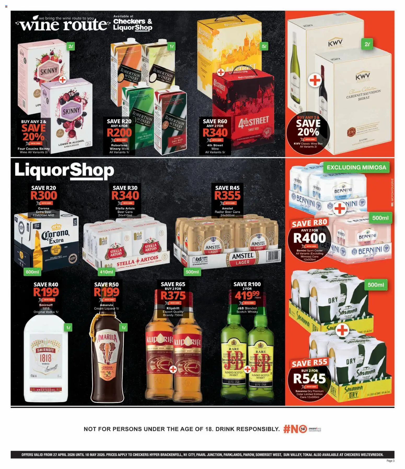 New Checkers catalogue – valid from 27.04.2026 | Page: 3 | Products: Brandy, Cider, Blush, Vodka
