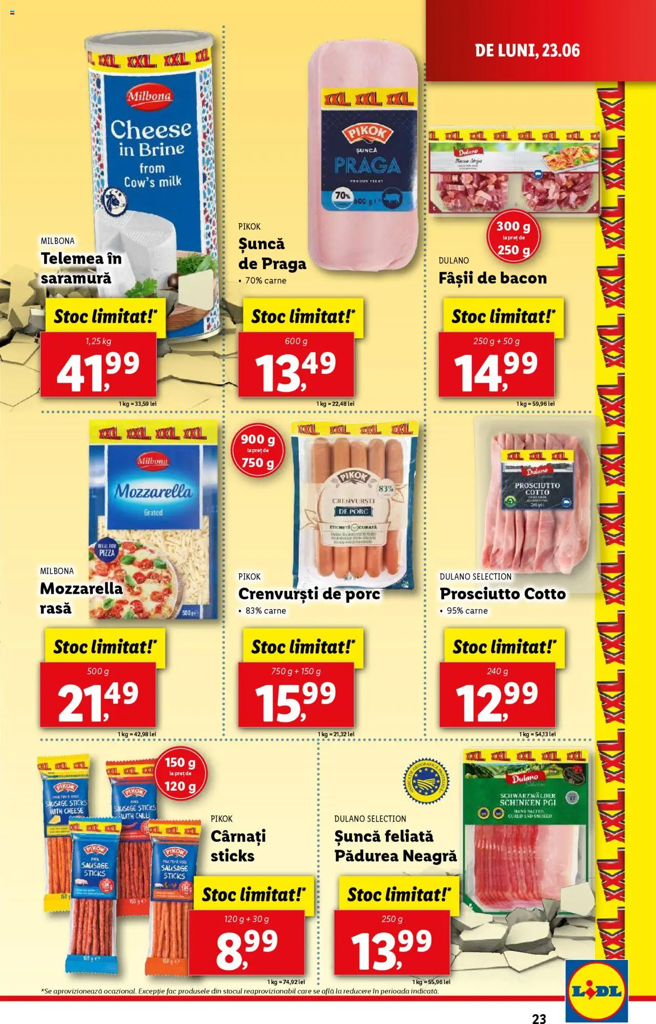 Catalog Lidl – valabil de la 23.06.2025 | Pagină: 23 | Produse: Crenvurști, Mozzarella, Pizza, Cârnați