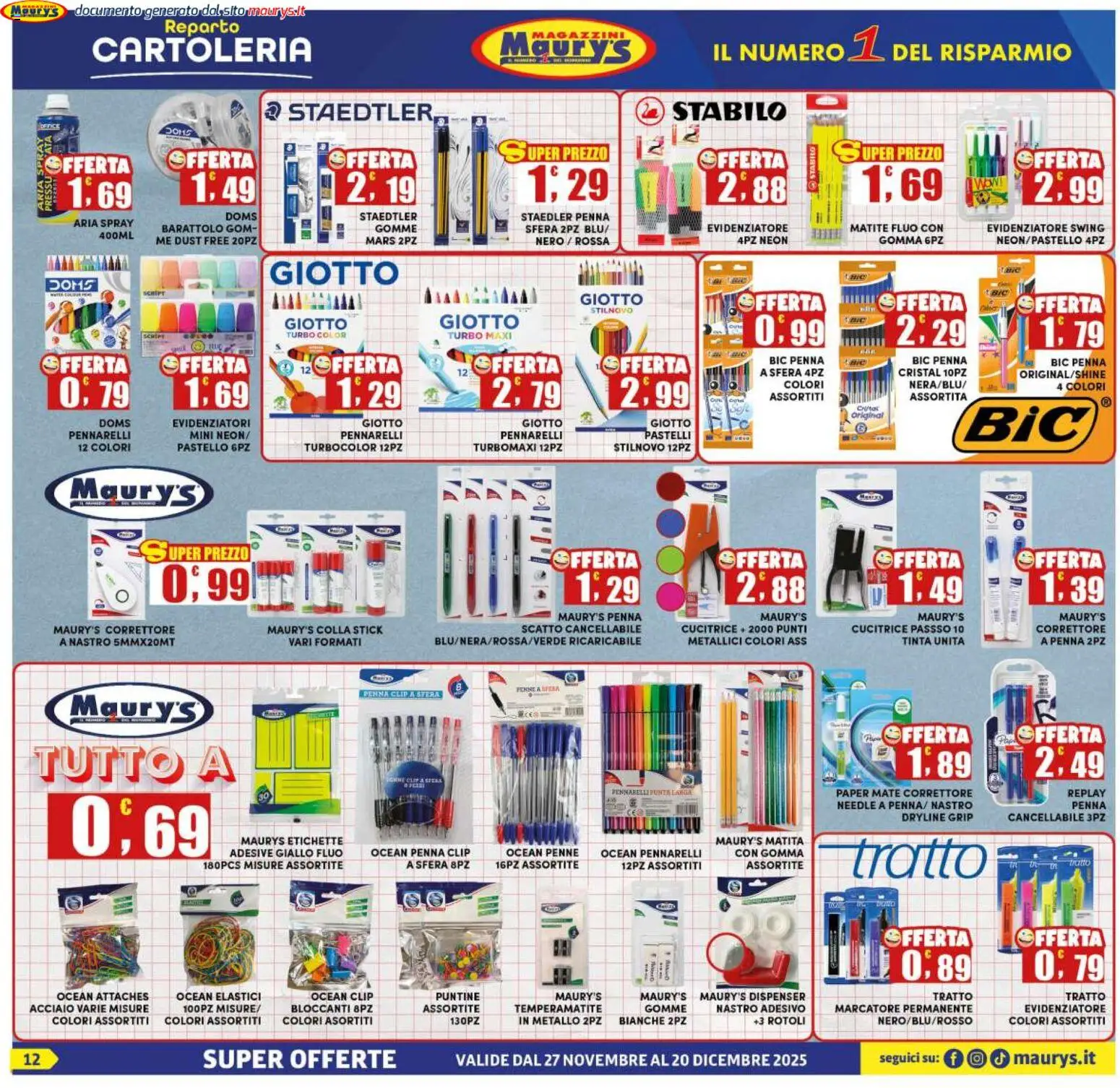 Volantino Maury's del 08.01.2026 | Pagina: 12 | Prodotti: Temperamatite, Nastro adesivo, Pennarelli, Penne