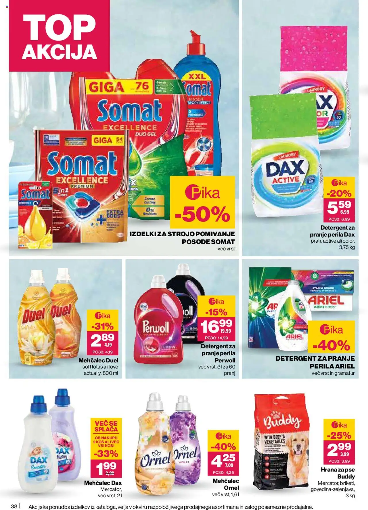 Novi Mercator katalog ponudbe – veljaven od 09.10.2025 | Stran: 38 | Izdelki: Hrana za pse, Mehčalec, Kos, Detergent