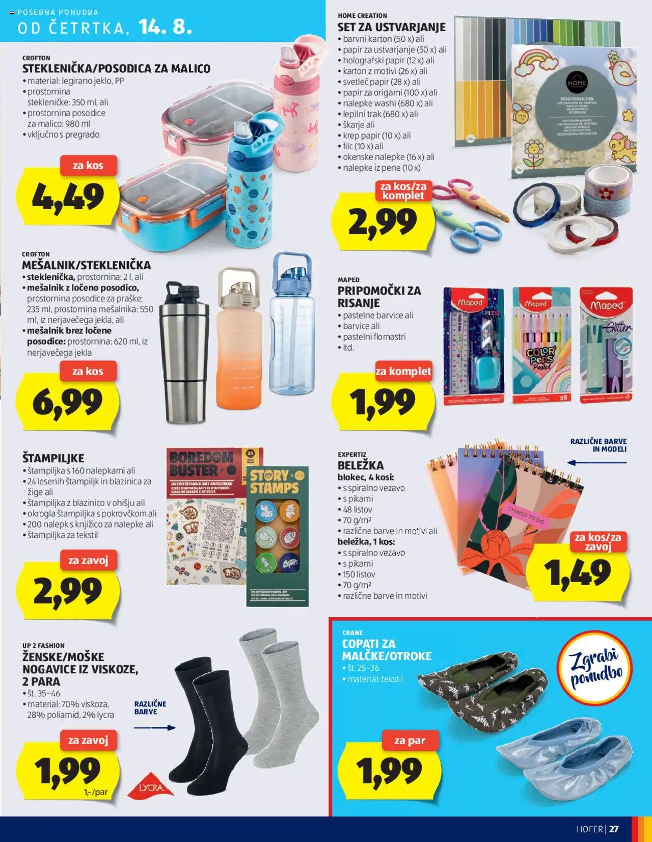 Hofer katalog │ velja od 07.08.2025 | Stran: 27 | Izdelki: Barvice, Kos, Nogavice, Copati