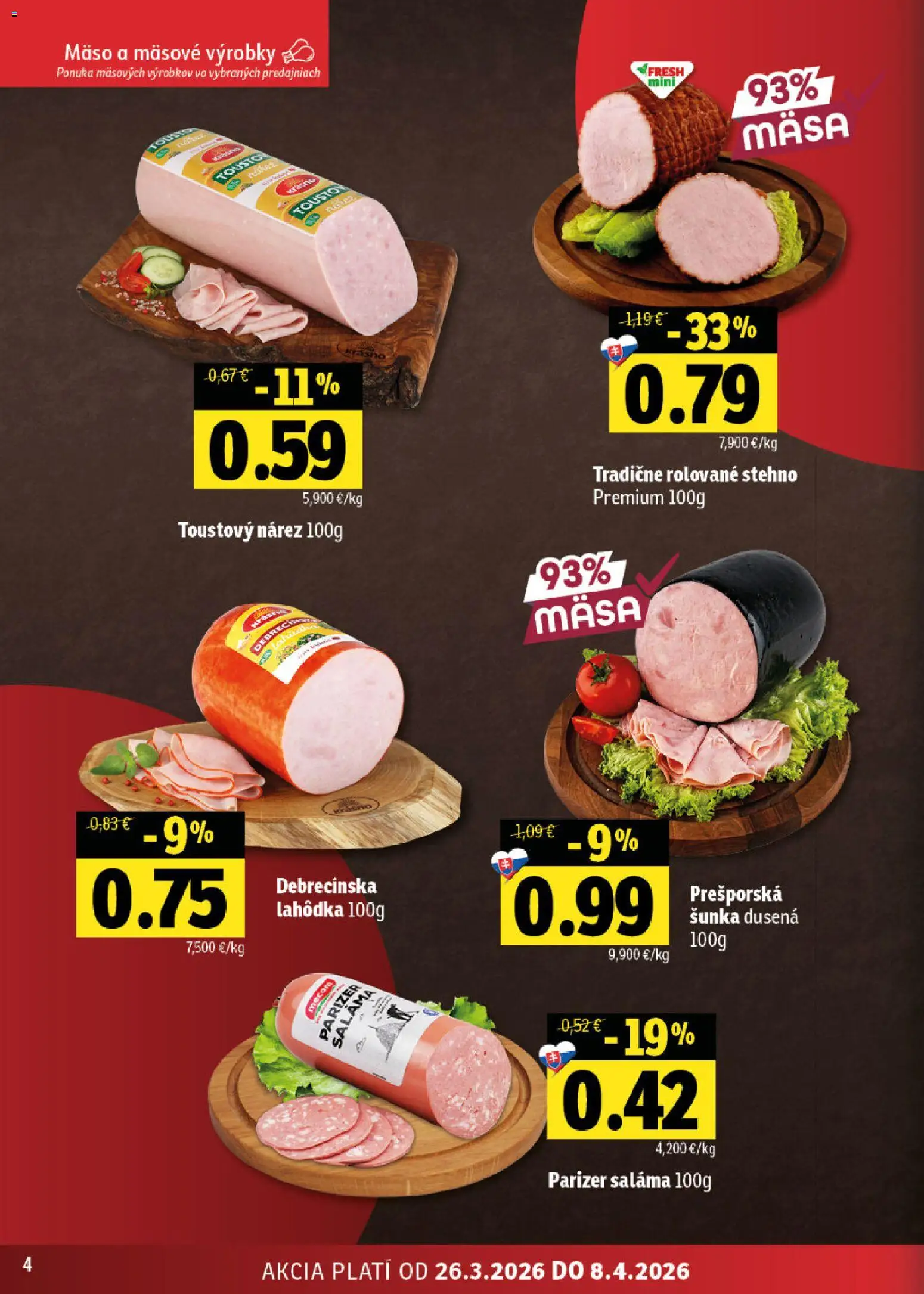 Nové Fresh akcie – leták je platný od 26.03.2026 | Strana: 4 | Produkty: Saláma, Šunka