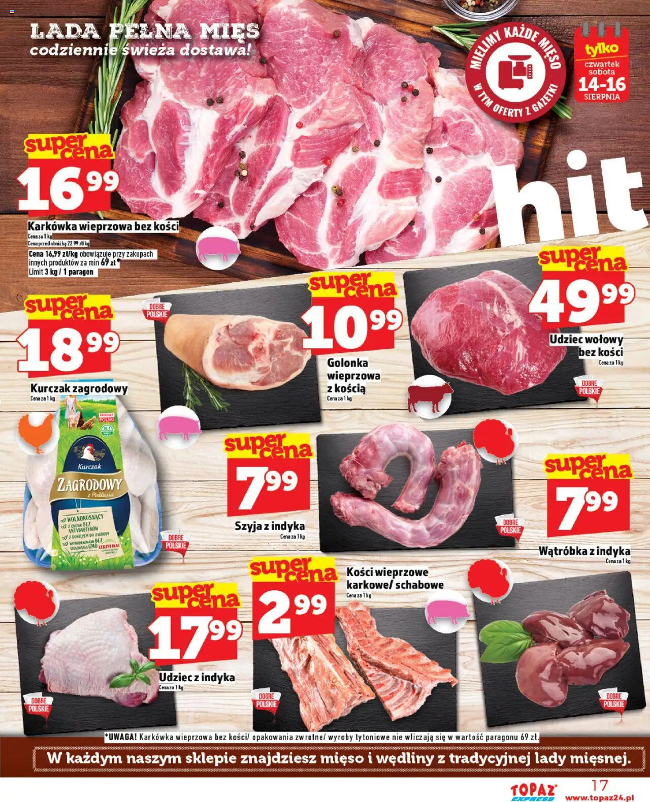 Topaz Gazetka - Express od 14.08.2025 | Strona: 17 | Produkty: Karkówka, Kurczak, Wątróbka, Wędliny