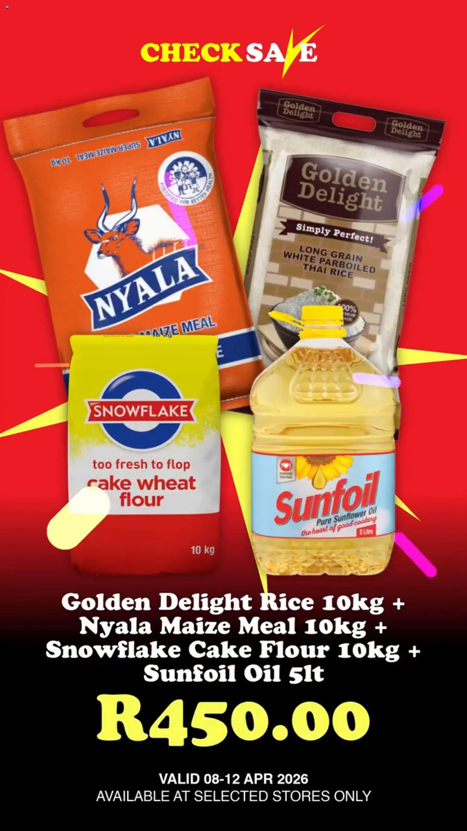 New Check Save catalogue – valid from 08.04.2026 | Page: 2 | Products: Cake, Flour, Maize meal, Rice