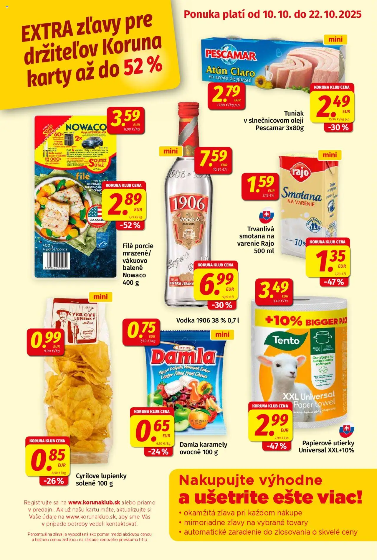 Nové Koruna akcie – leták je platný od 10.10.2025 | Strana: 9 | Produkty: Tuniak, Smotana, Vodka