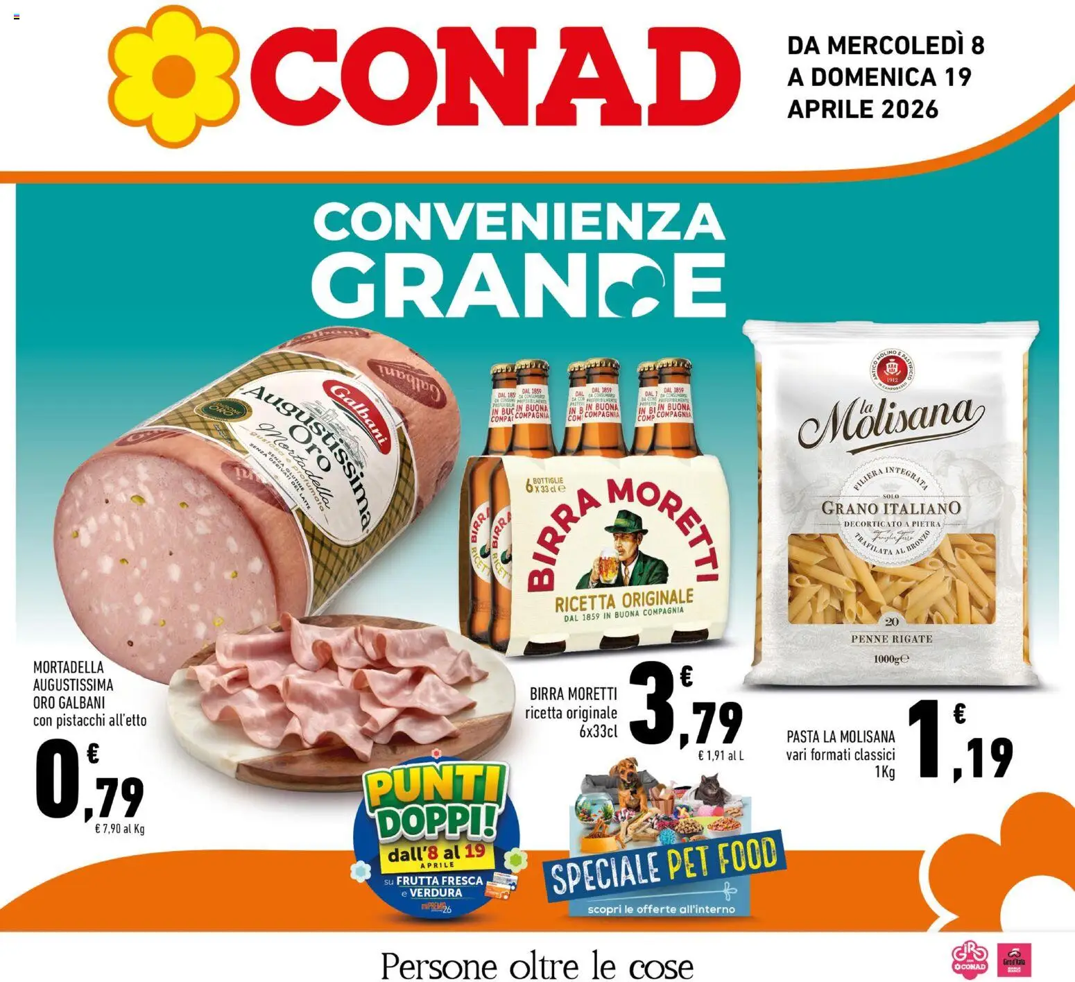 Volantino Conad del 08.04.2026 | Pagina: 1 | Prodotti: Birra, Frutta, Mortadella, Penne