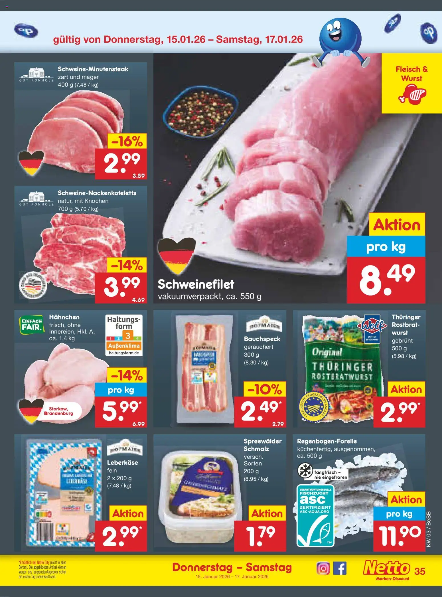 Netto Marken-Discount Prospekt 	 – gültig ab 12.01.2026 | Seite: 45 | Produkte: Schweinefilet, Wurst, Fleisch, Leberkase