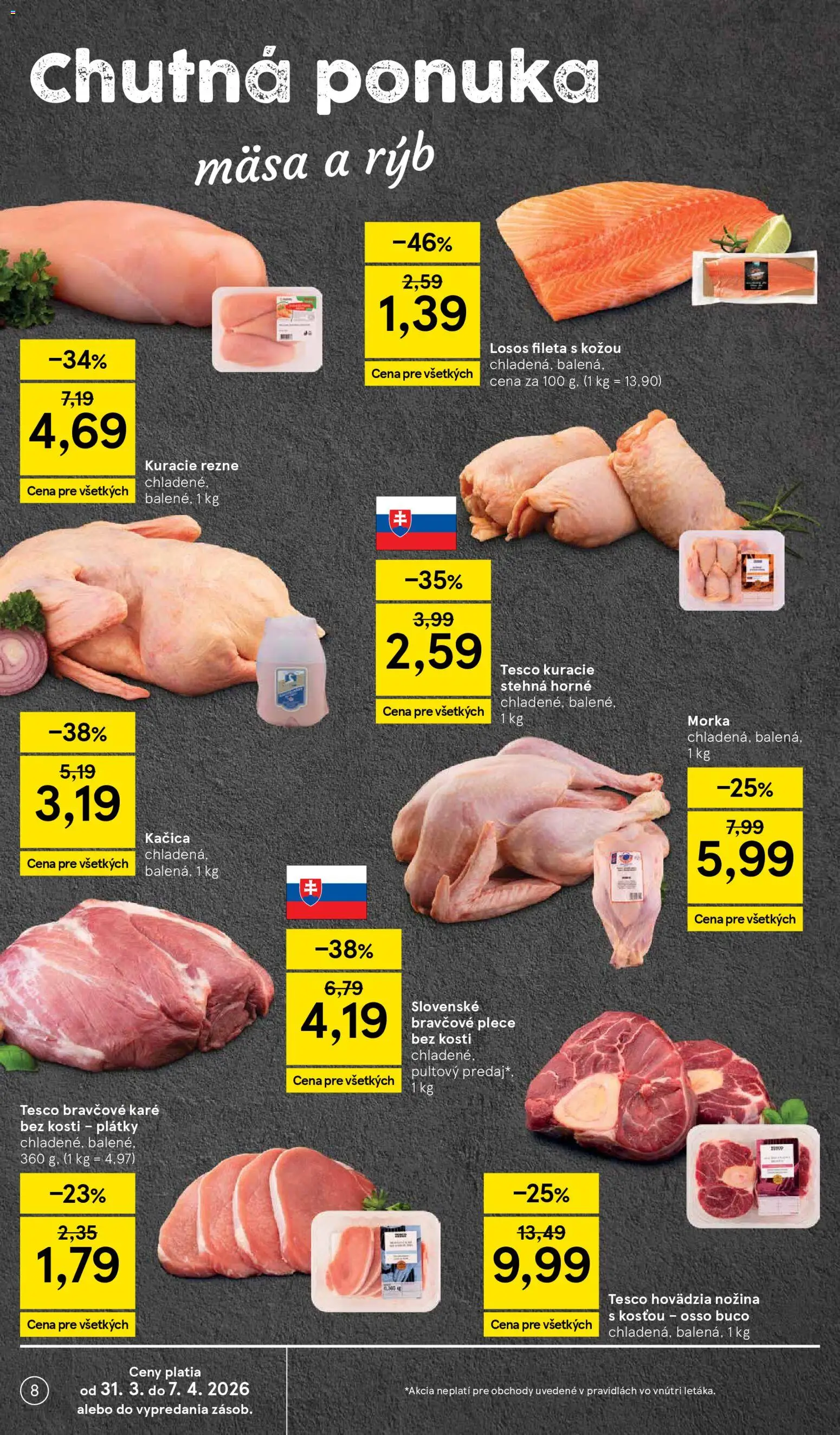 Nové Tesco akcie – leták je platný od 31.03.2026 | Strana: 8 | Produkty: Bravčové plece, Kačica, Losos, Bravčové karé