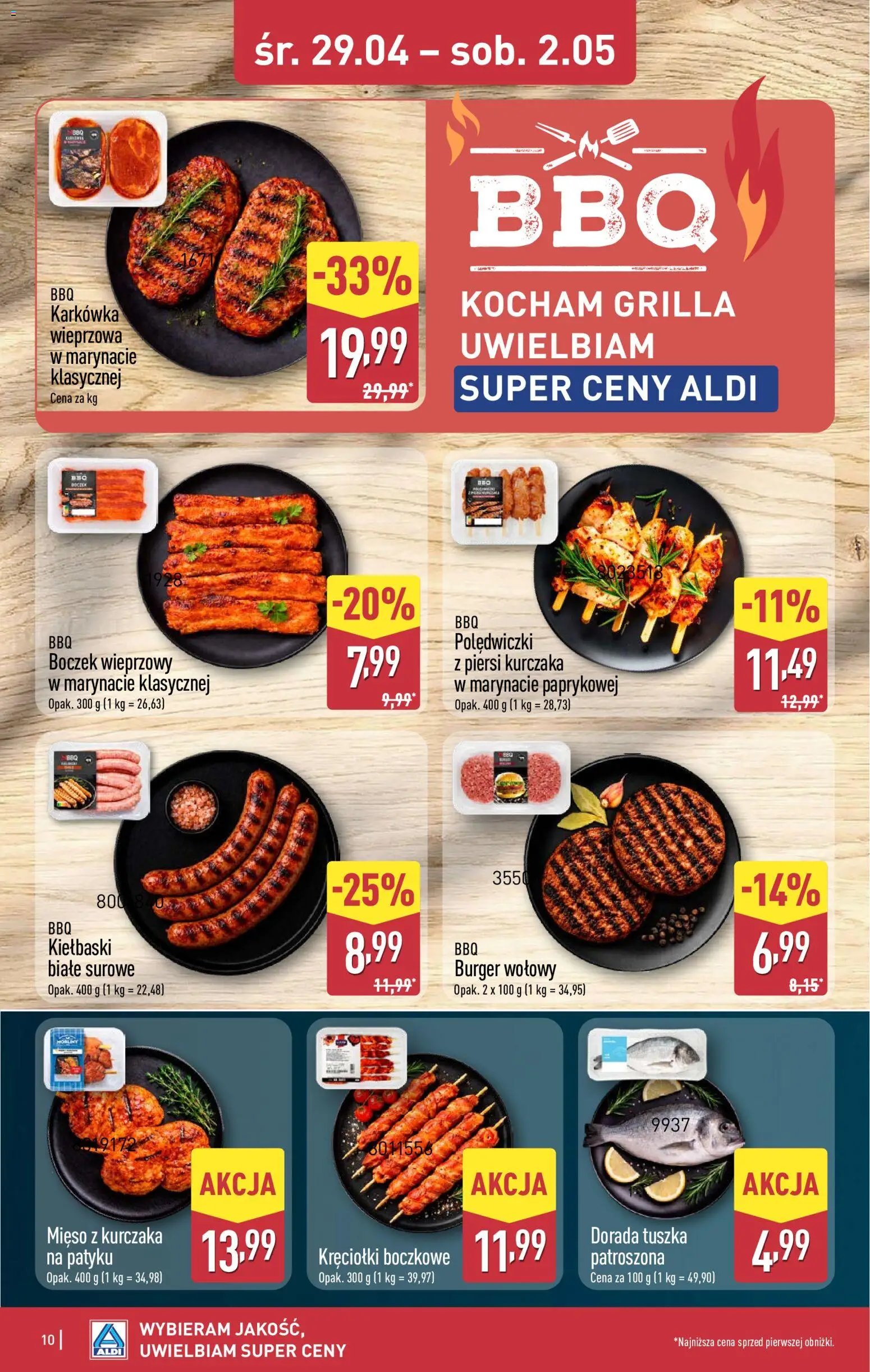 Aldi gazetka - Sezon na grill od 27.04.2026 | Strona: 10 | Produkty: Burger wołowy, Boczek wieprzowy, Dorada, Mięso z kurczaka