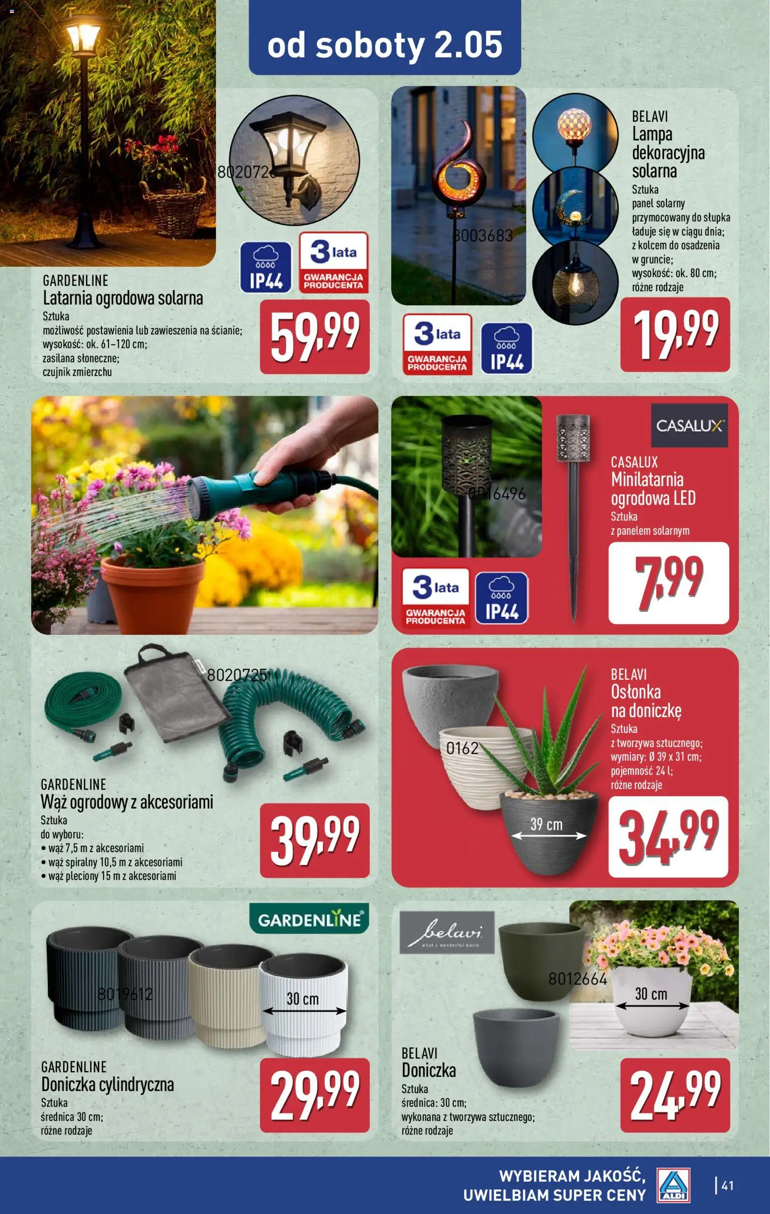 Aldi gazetka od 27.04.2026 | Strona: 41 | Produkty: Wąż ogrodowy, Doniczka, Lampa