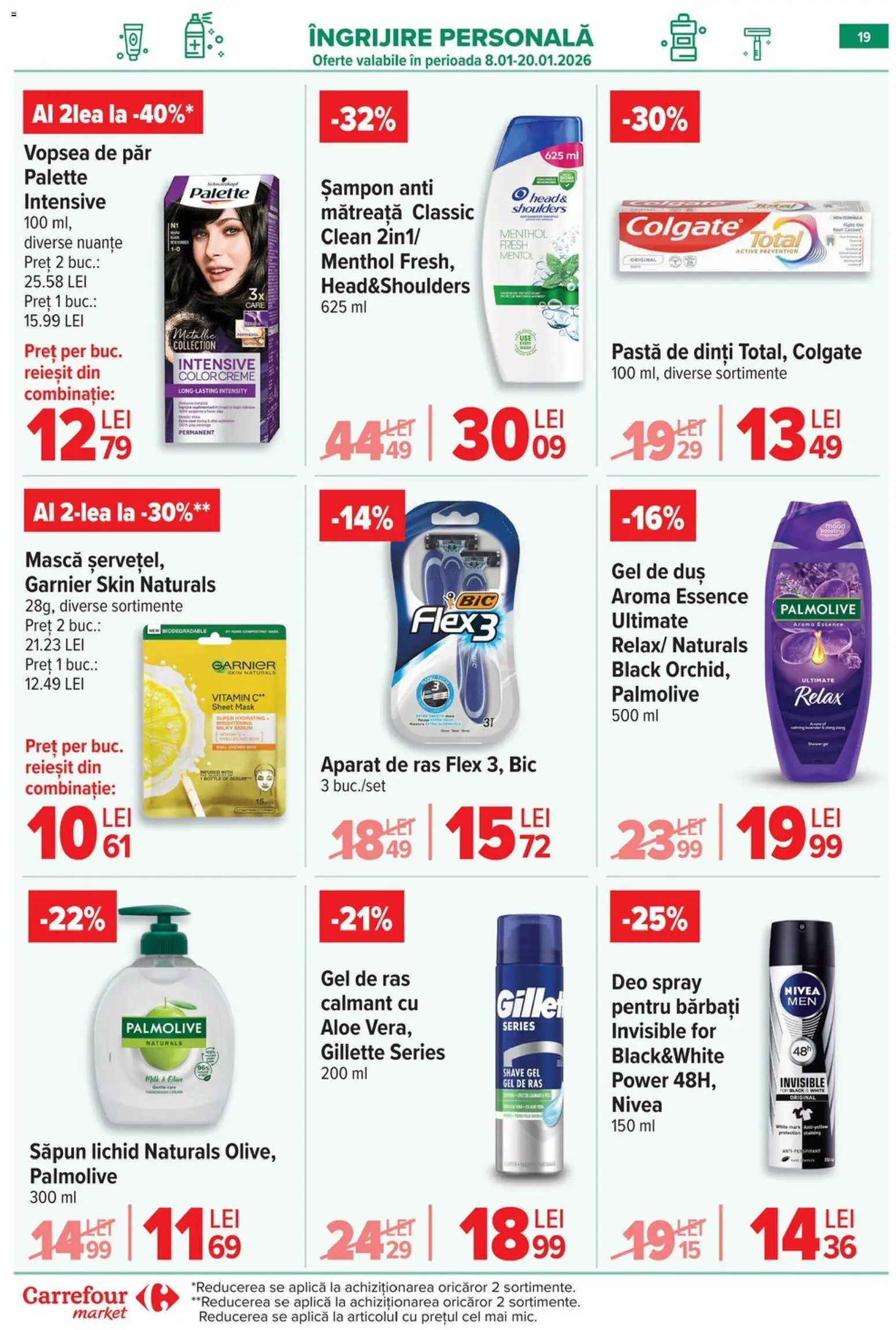 Noul catalog Carrefour – valabil de la 08.01.2026 | Pagină: 19 | Produse: Gel de ras, Gel de duș, Pastă de dinți, Vopsea de păr