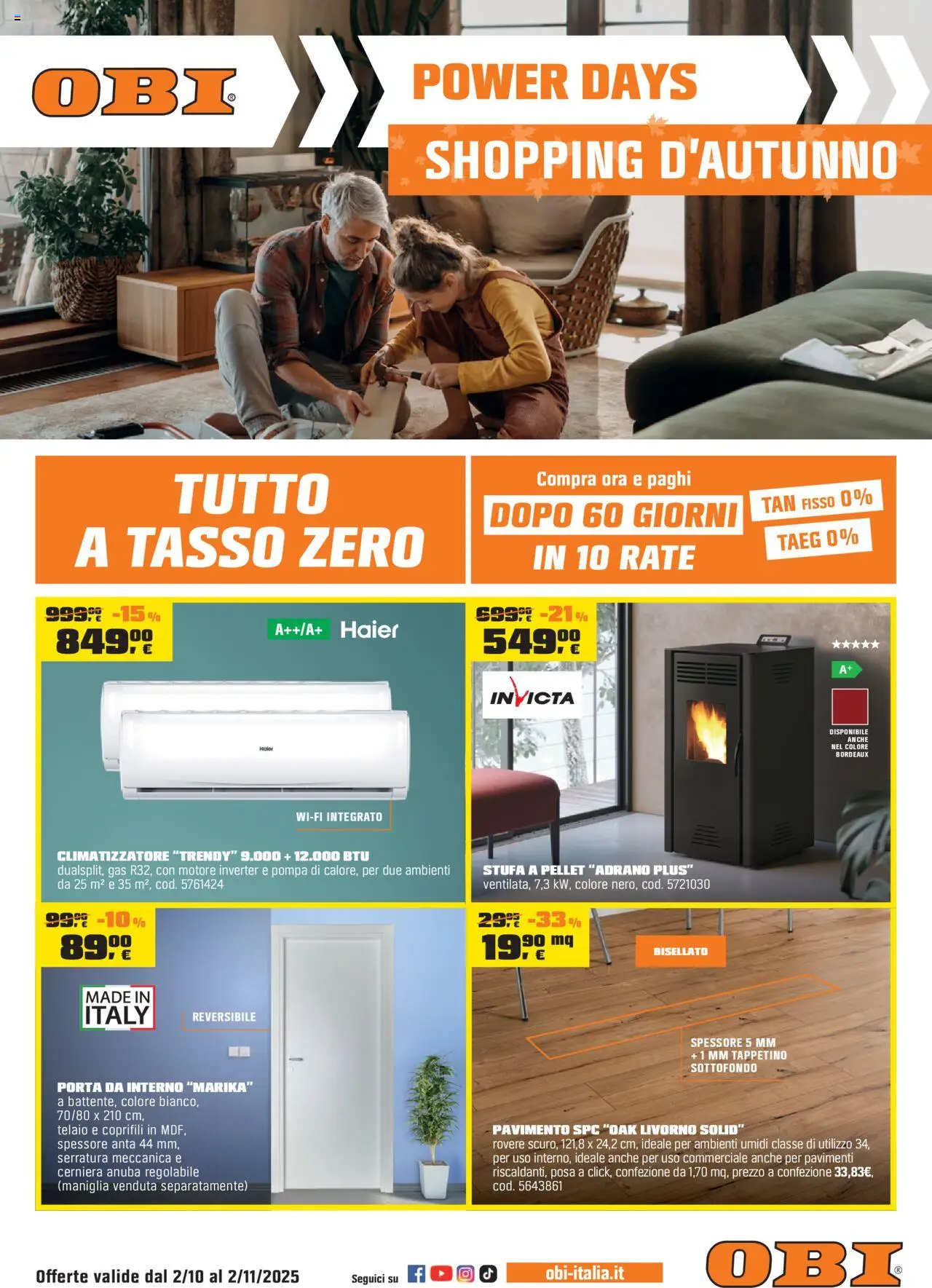 Volantino OBI del 02.10.2025 | Pagina: 1 | Prodotti: Climatizzatore, Pellet, Stufa a pellet, Stufa