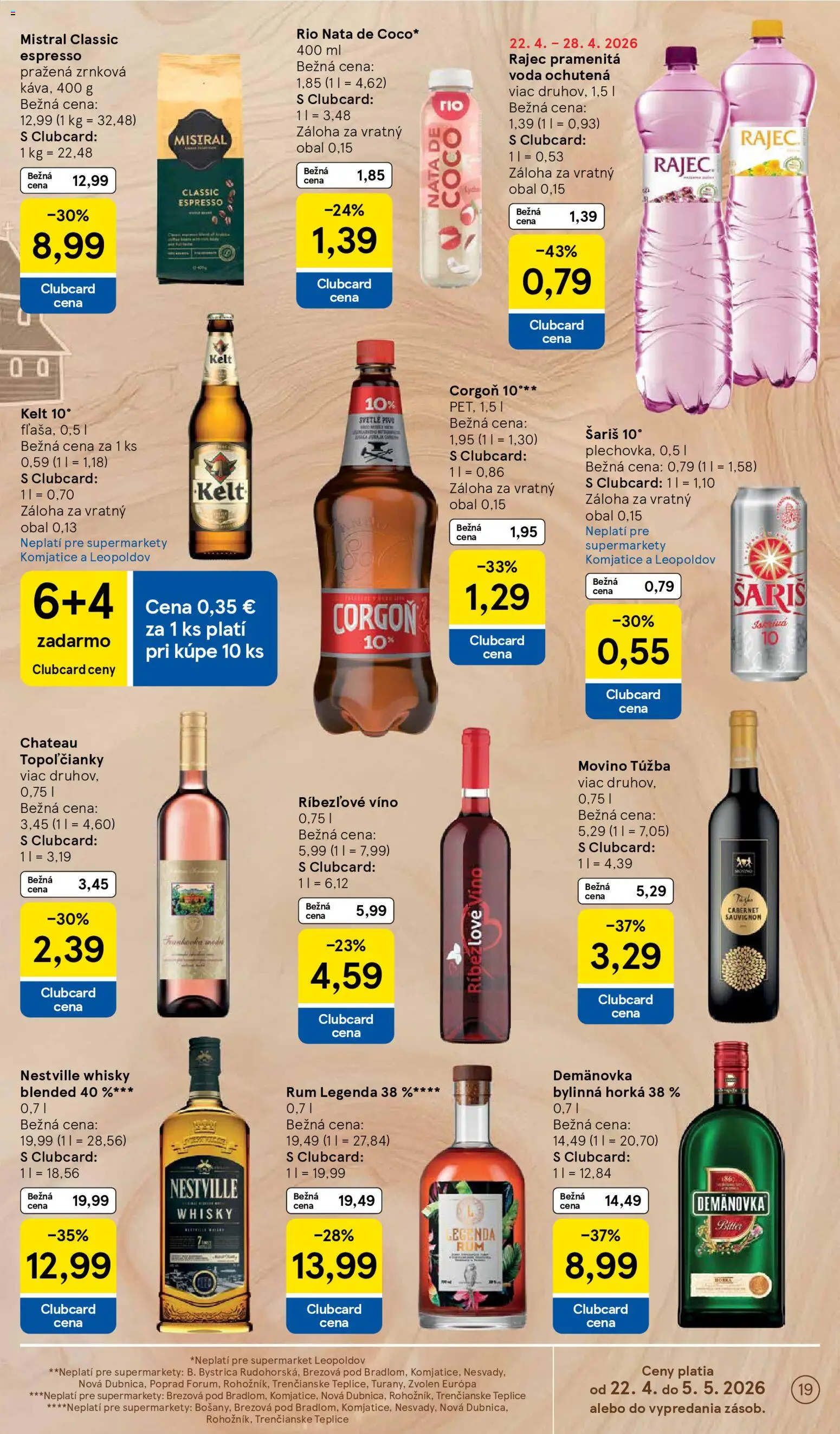 Nové Tesco akcie – leták je platný od 22.04.2026 | Strana: 19 | Produkty: Kelt, Šariš, Whisky, Rum
