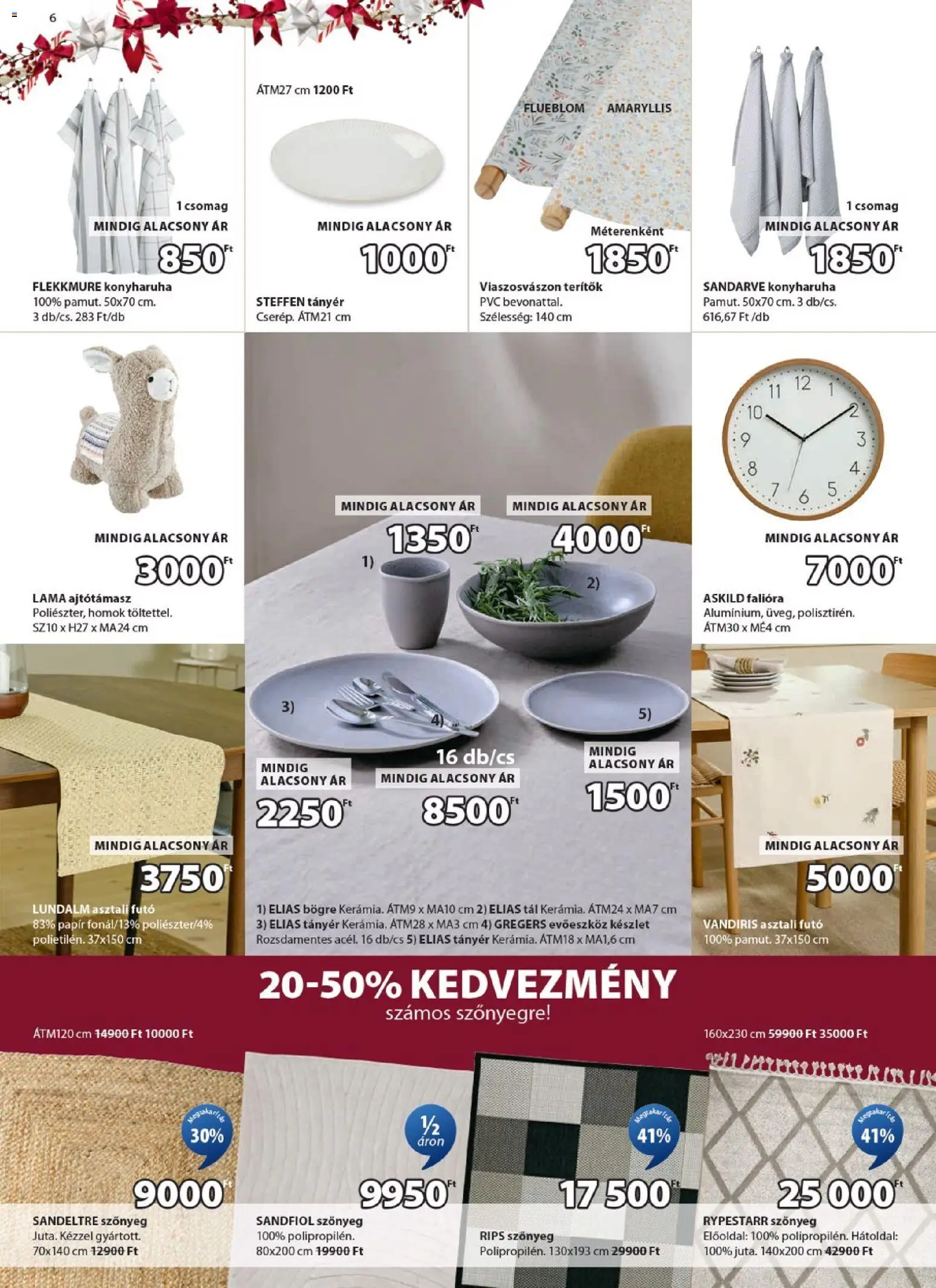 JYSK akciós ujság - amely érvényes a következő dátumtól: 10.12.2025 | Oldal: 6 | Termékek: Falióra, Evőeszköz készlet, Szőnyeg, Tányér