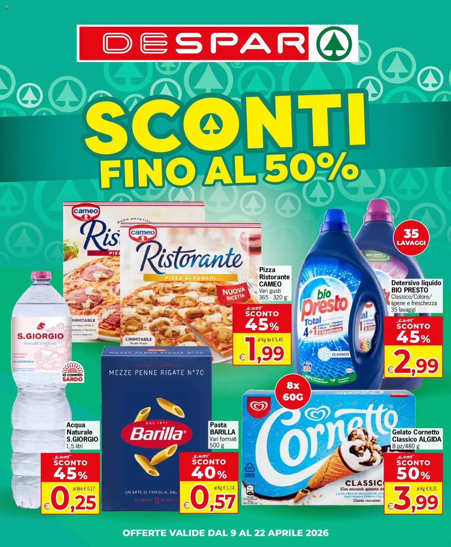 Volantino Despar del 09.04.2026 | Pagina: 1 | Prodotti: Pizza, Cornetto, Gelato, Penne