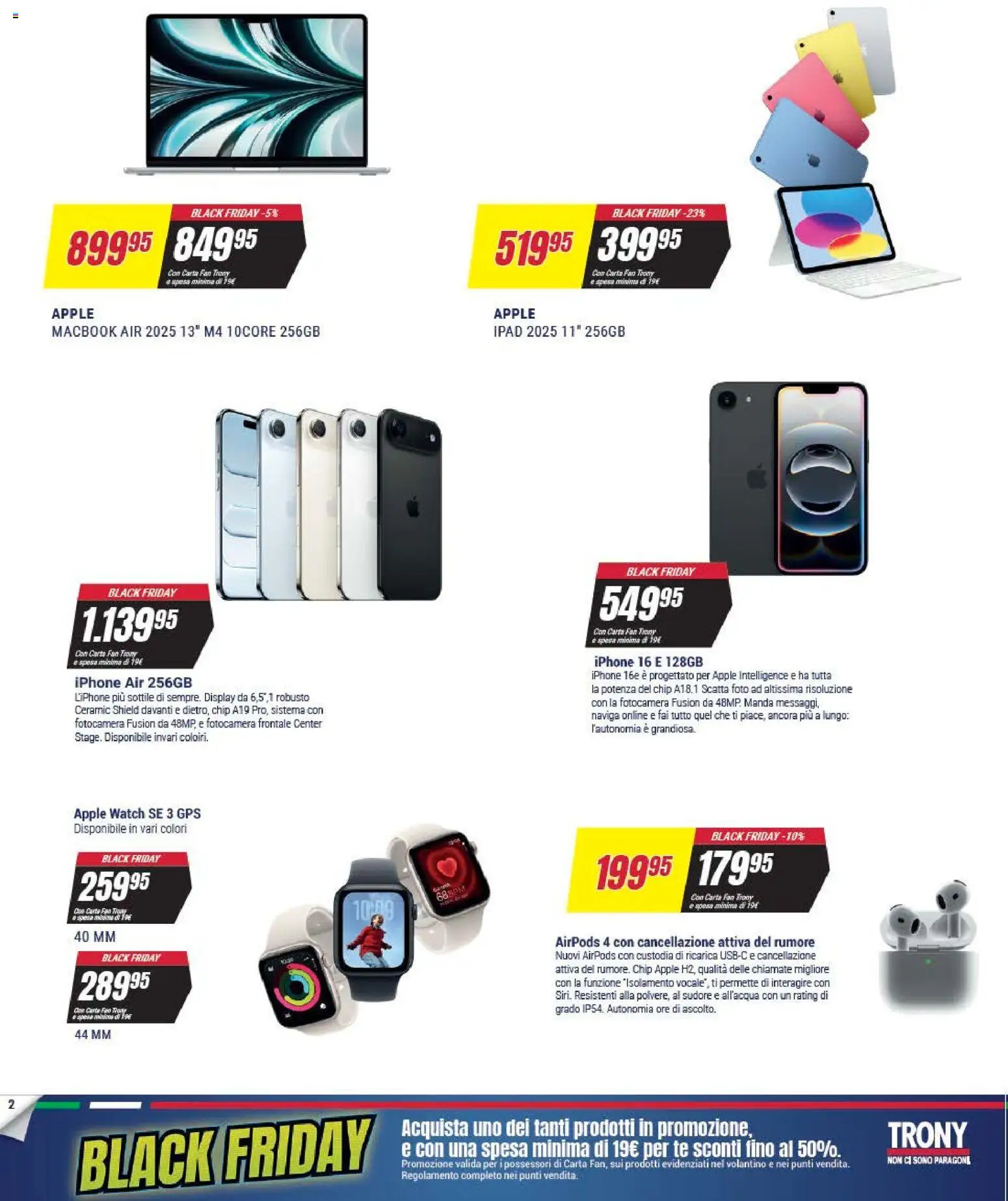 Volantino Trony del 25.11.2025 | Pagina: 2 | Prodotti: Macbook air, Iphone, Apple Watch, Macbook