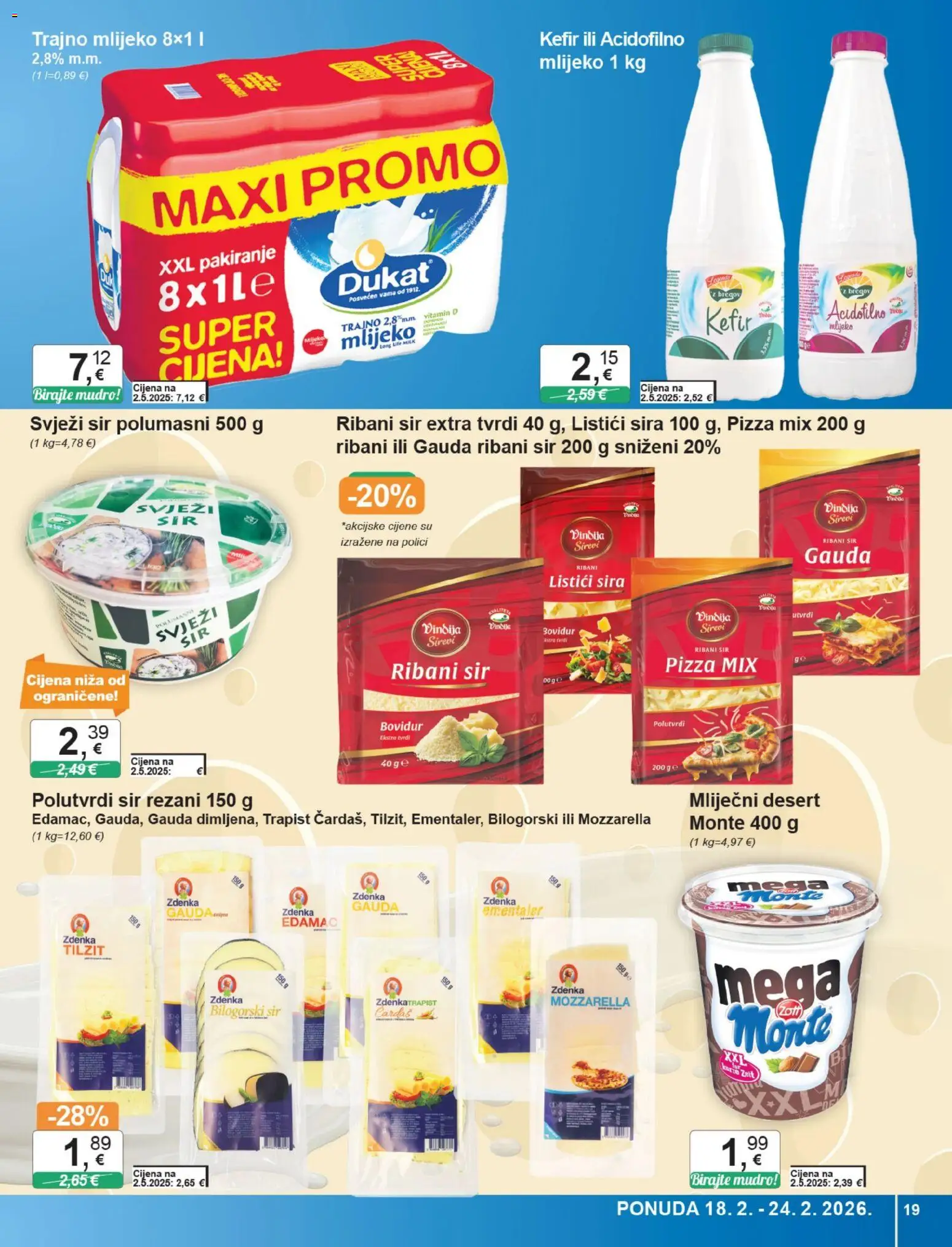 KTC katalog | vrijedi od 18.02.2026 | Stranica: 19 | Proizvodi: Vindija, Mozzarella, Gauda, Mlijeko