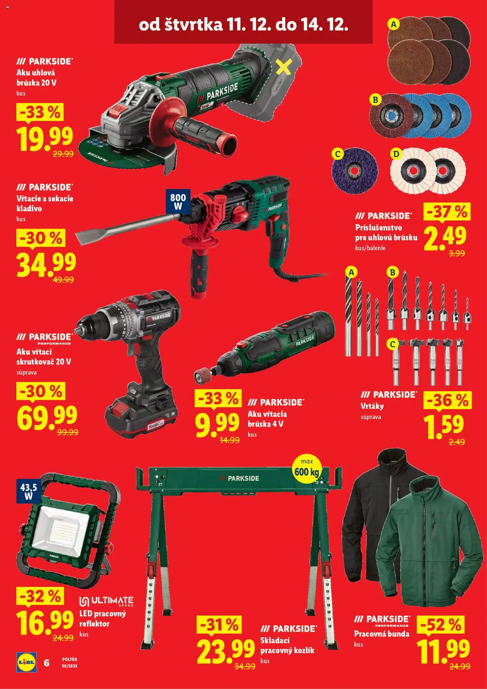 Nové Lidl akcie – leták je platný od 11.12.2025 | Strana: 6 | Produkty: Reflektor, Skrutkovač, Uhlová brúska, Aku